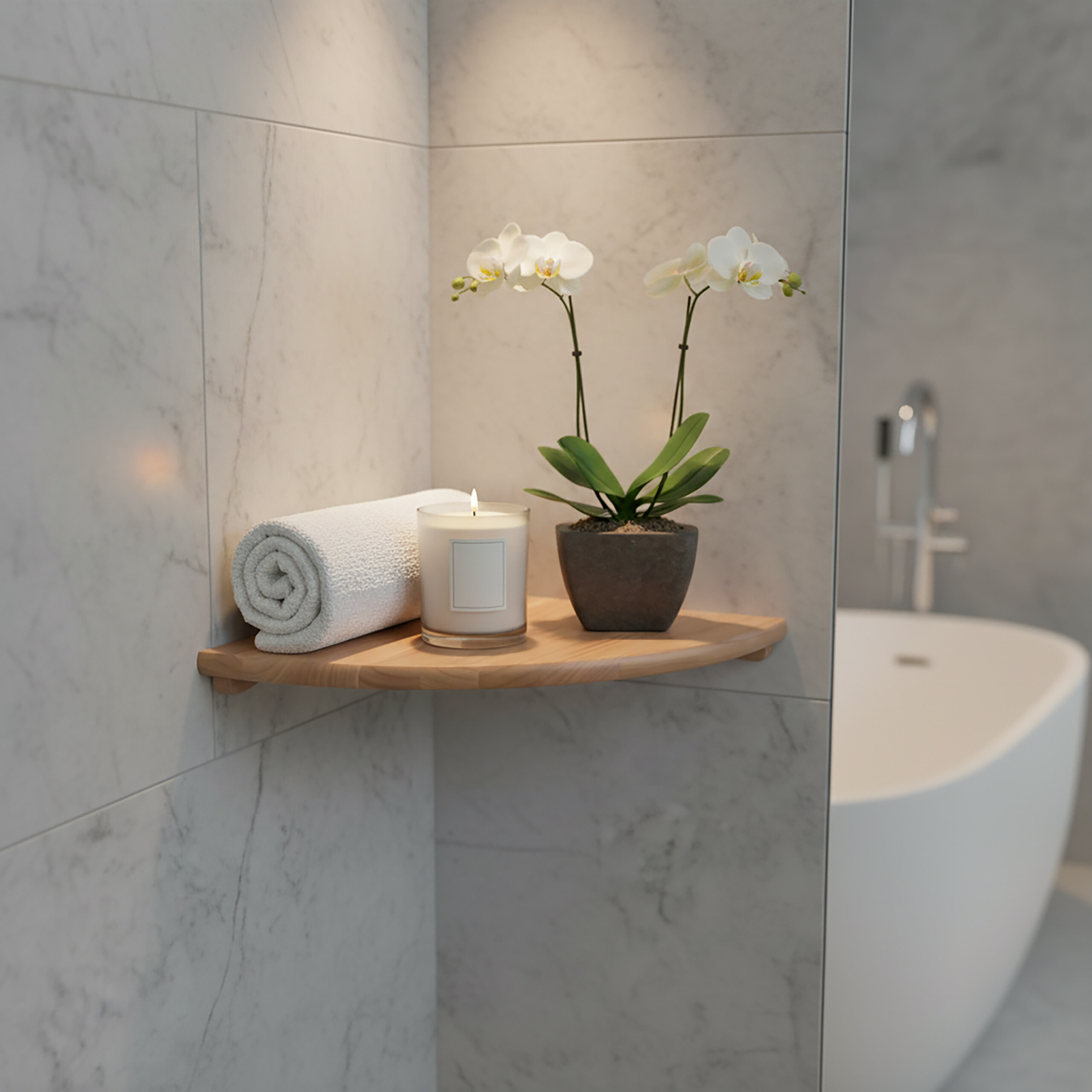 Eckregal im Badezimmer mit gerolltem Handtuch, brennender Kerze und Orchidee; im Hintergrund eine Badewanne.