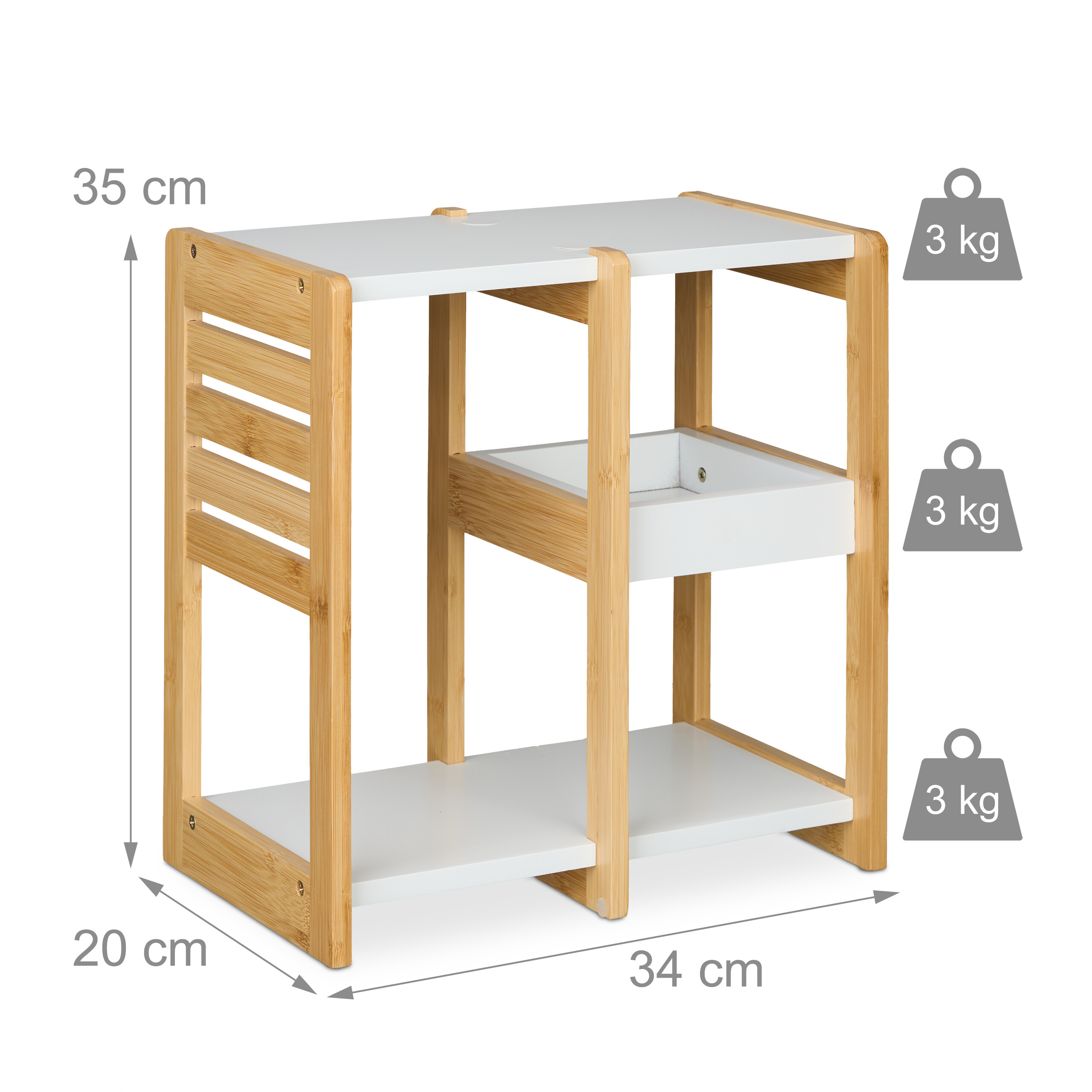 Kleine Holz- und weiße Ablage mit Maßen 35x34x20 cm und 3 kg Belastbarkeit pro Ebene.