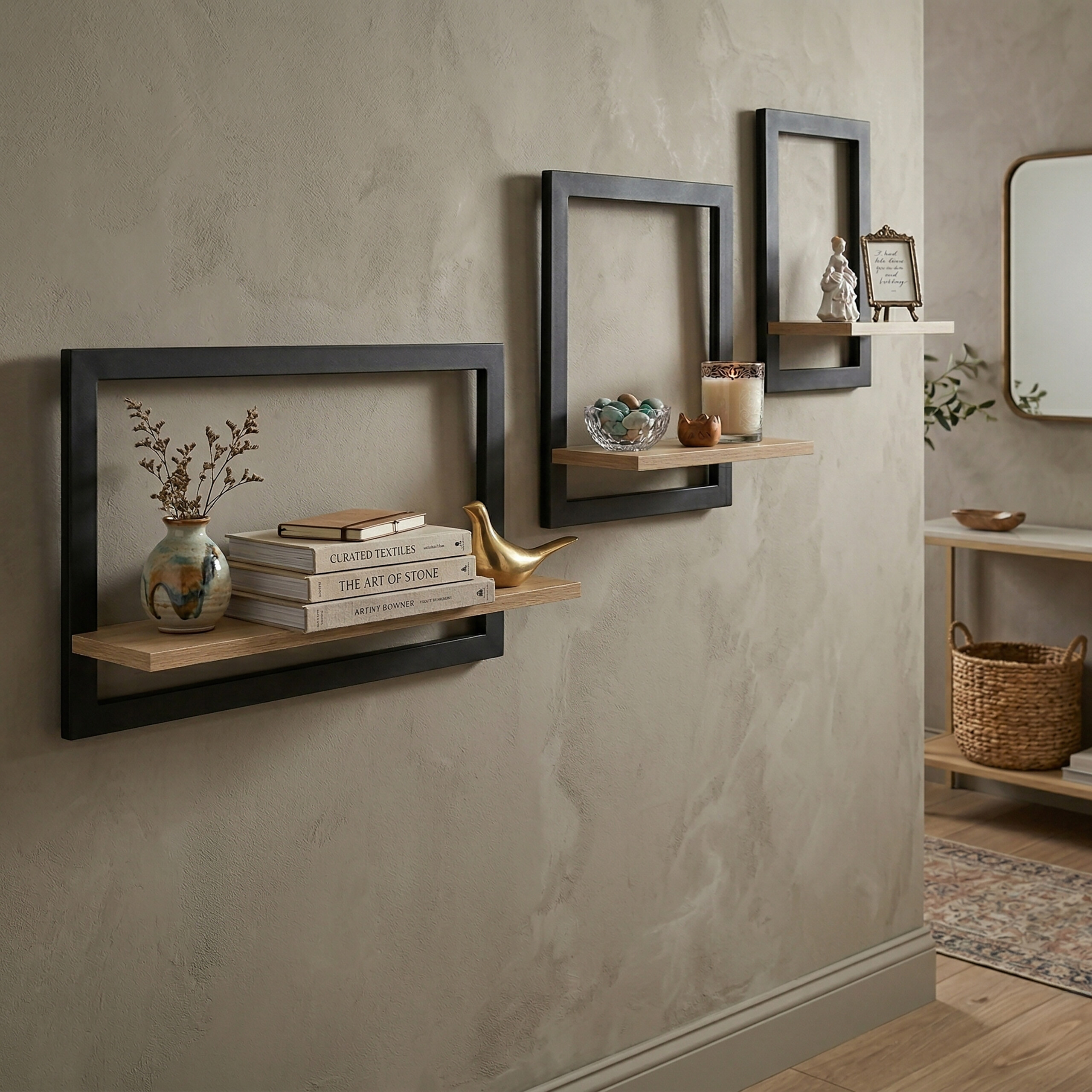 Drei schwarze Wandrahmen mit Holzböden auf beiger Wand, dekoriert mit Büchern, Vasen und Kerzen.
