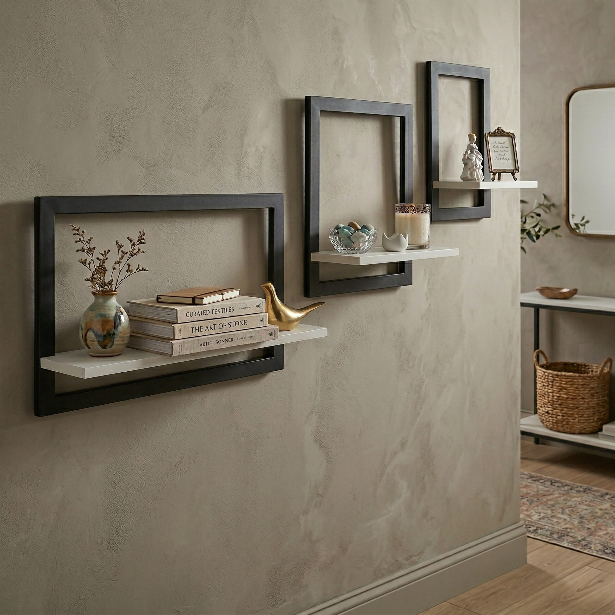 Drei schwebende Regale mit schwarzen Rahmen an einer grauen Wand, dekoriert mit Büchern, einer Vase und Figuren.