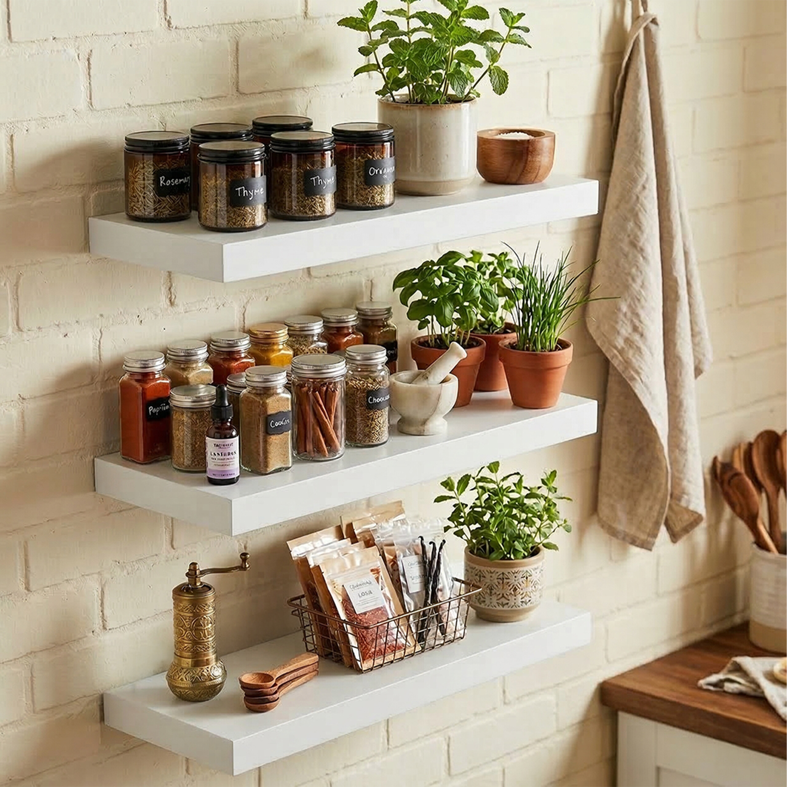 Drei weiße Wandregale mit Gewürzgläsern, frischen Kräutern, einer Mörser und einem Handtuch an der Wand.