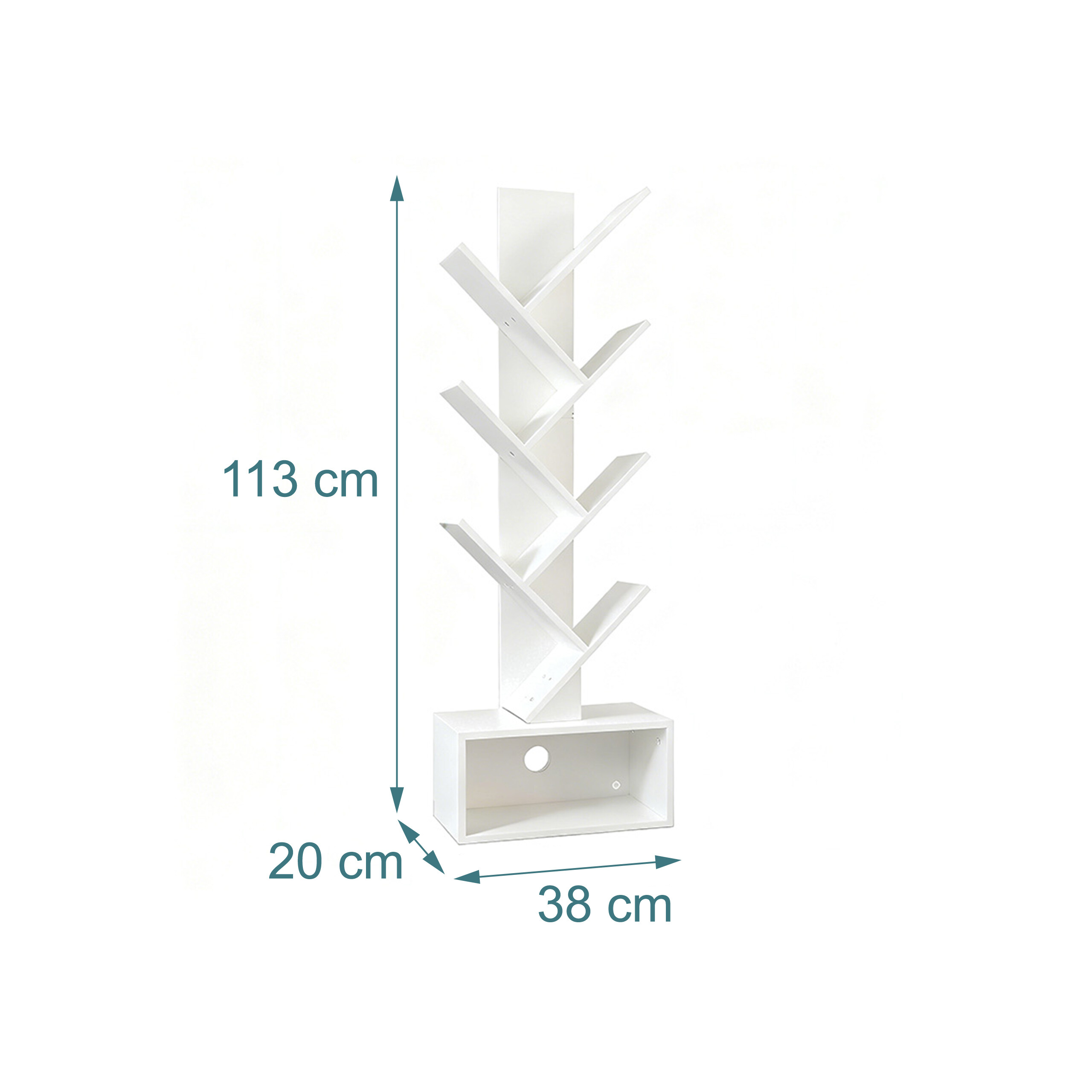 Weißes Baumregal mit Maßen: Höhe 113 cm, Tiefe 20 cm, Breite 38 cm.