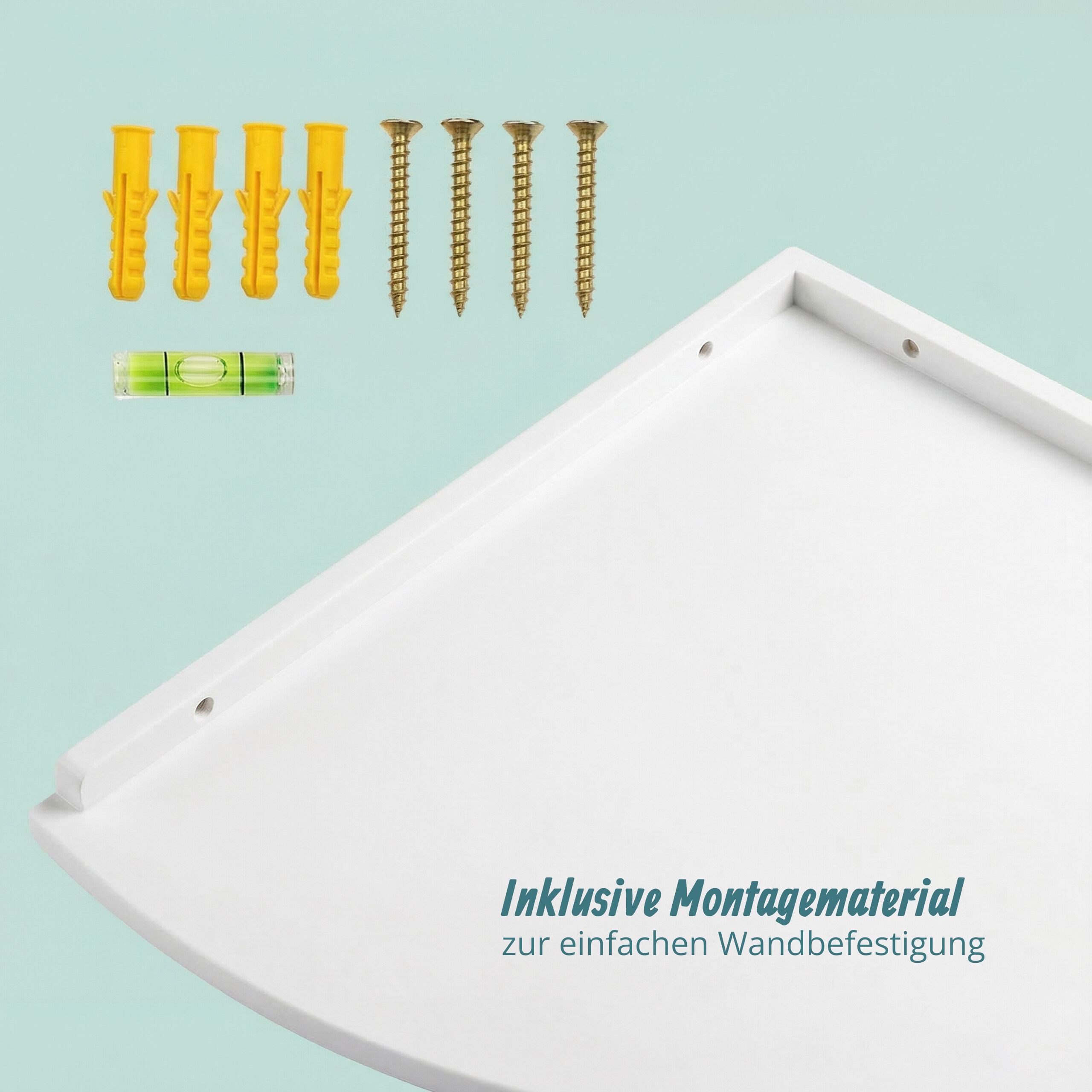 Weißes Regal mit gelben Dübeln, Schrauben, kleiner Wasserwaage und dem Text Inklusive Montagematerial.