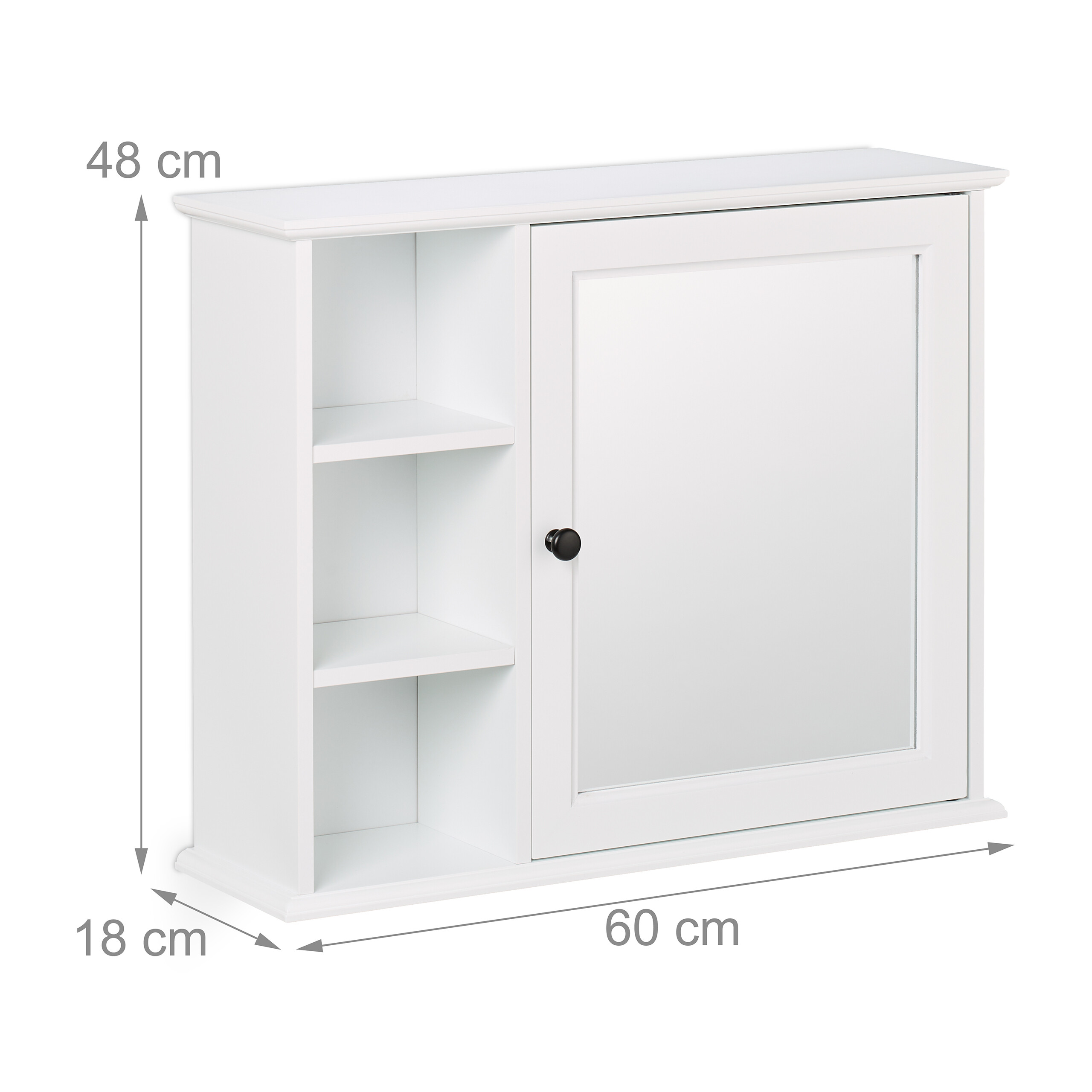 Weißer Hängeschrank mit Spiegeltür und offenen Regalen, Maße 60x48x18 cm.