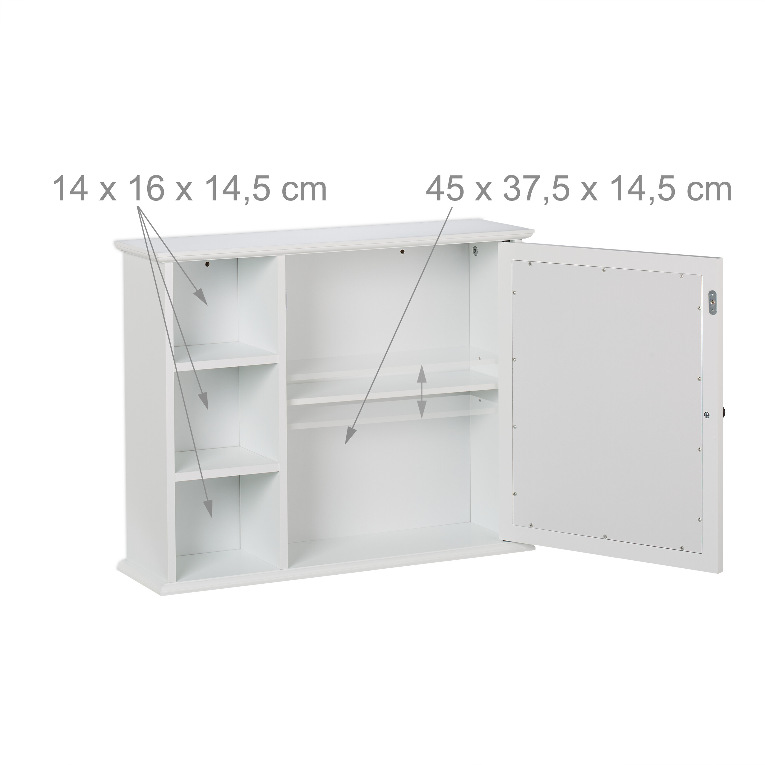 Weißer Wandschrank mit offenem Fach links und Spiegeltür rechts, inklusive Maßangaben.