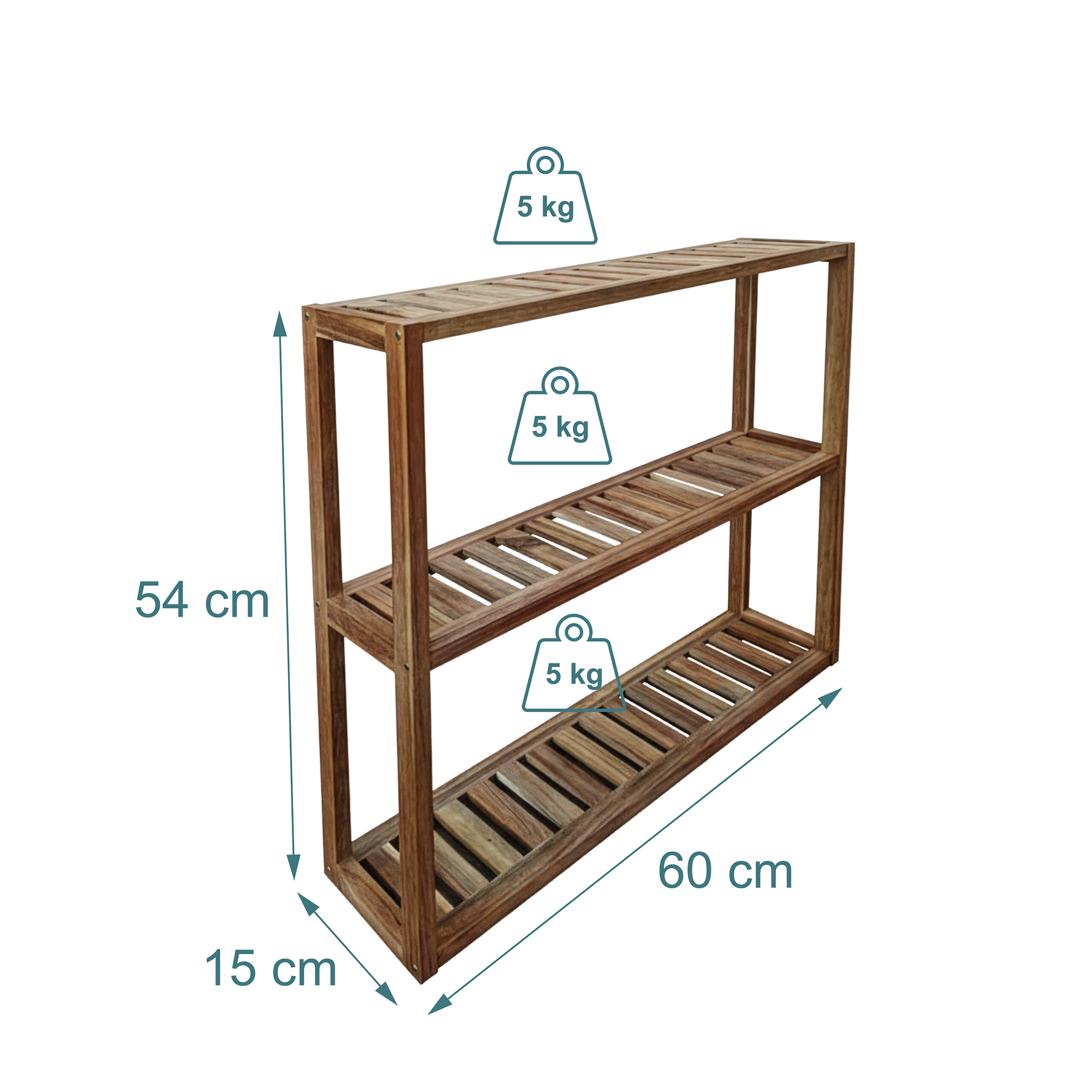 Holzregal mit drei Böden, Maßen 60x15x54 cm und 5 kg Tragkraft pro Boden.