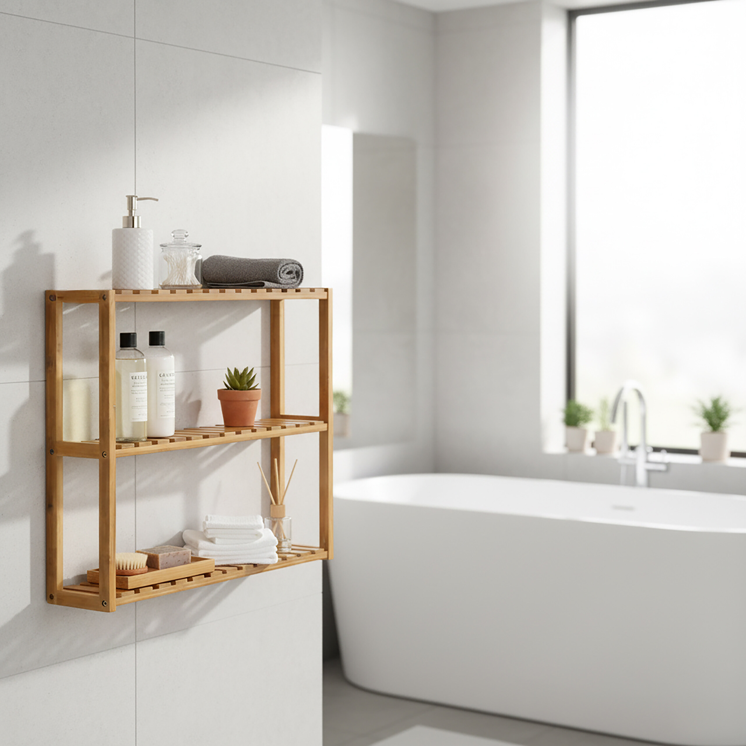 Ein Holzregal an einer gefliesten Wand trägt Flaschen, eine Pflanze und Handtücher, mit einer Badewanne hinten.