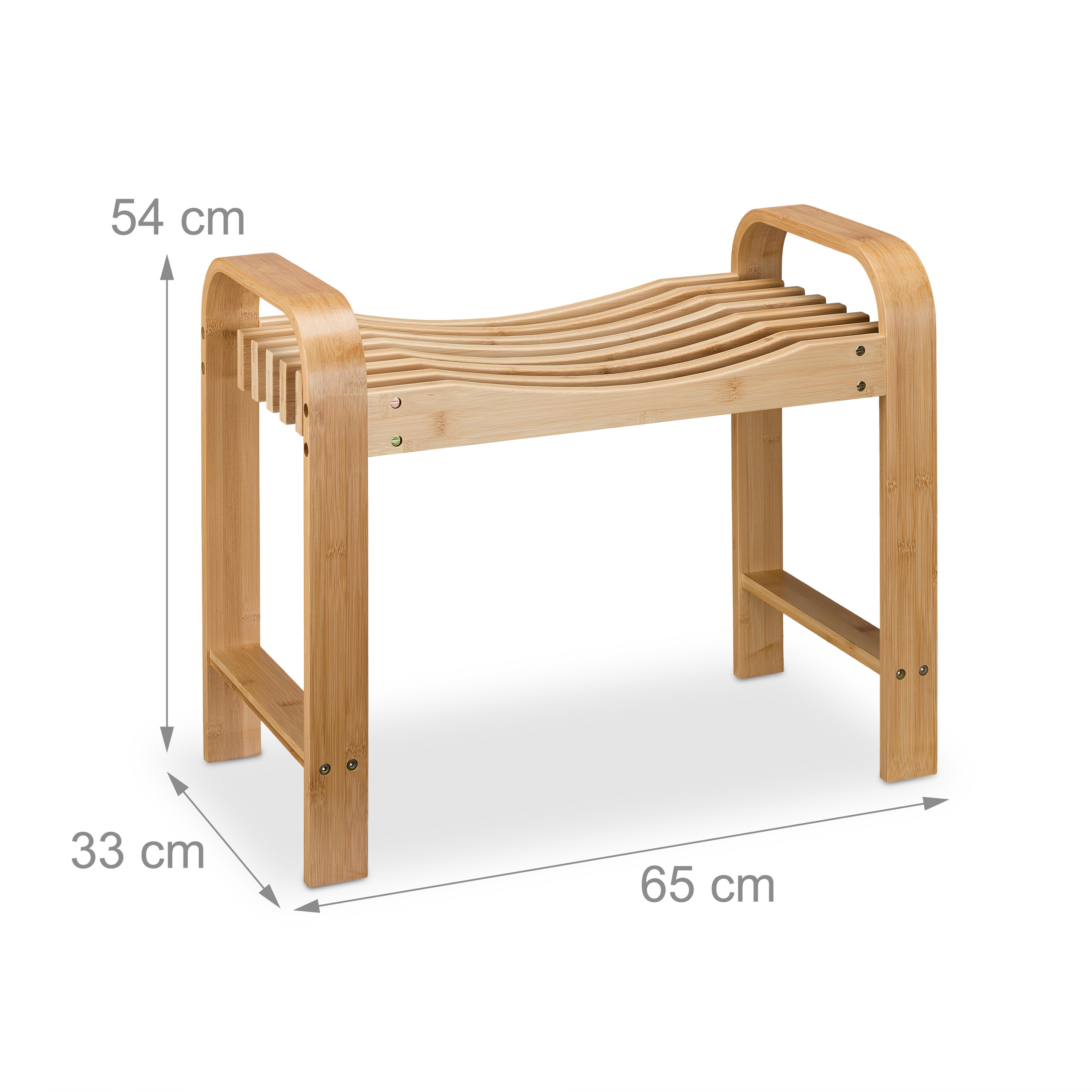 Bambusbank mit geschwungenem Sitz und Maßen von 65x33x54 cm auf weißem Hintergrund.