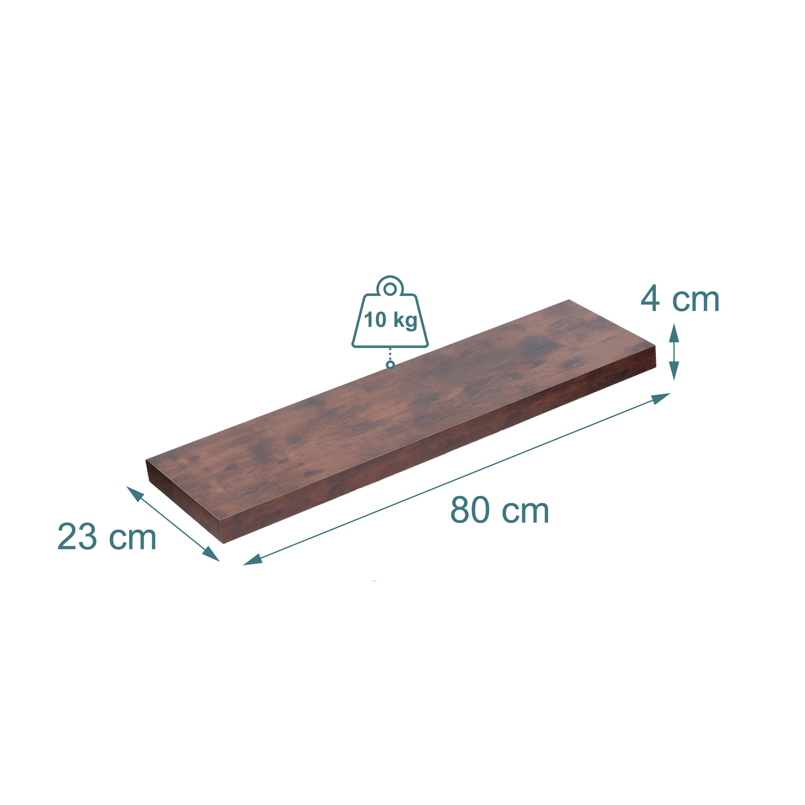 Dunkles Holzregal mit den Maßen 80x23x4 cm und einer Tragkraft von 10 kg auf weißem Hintergrund.