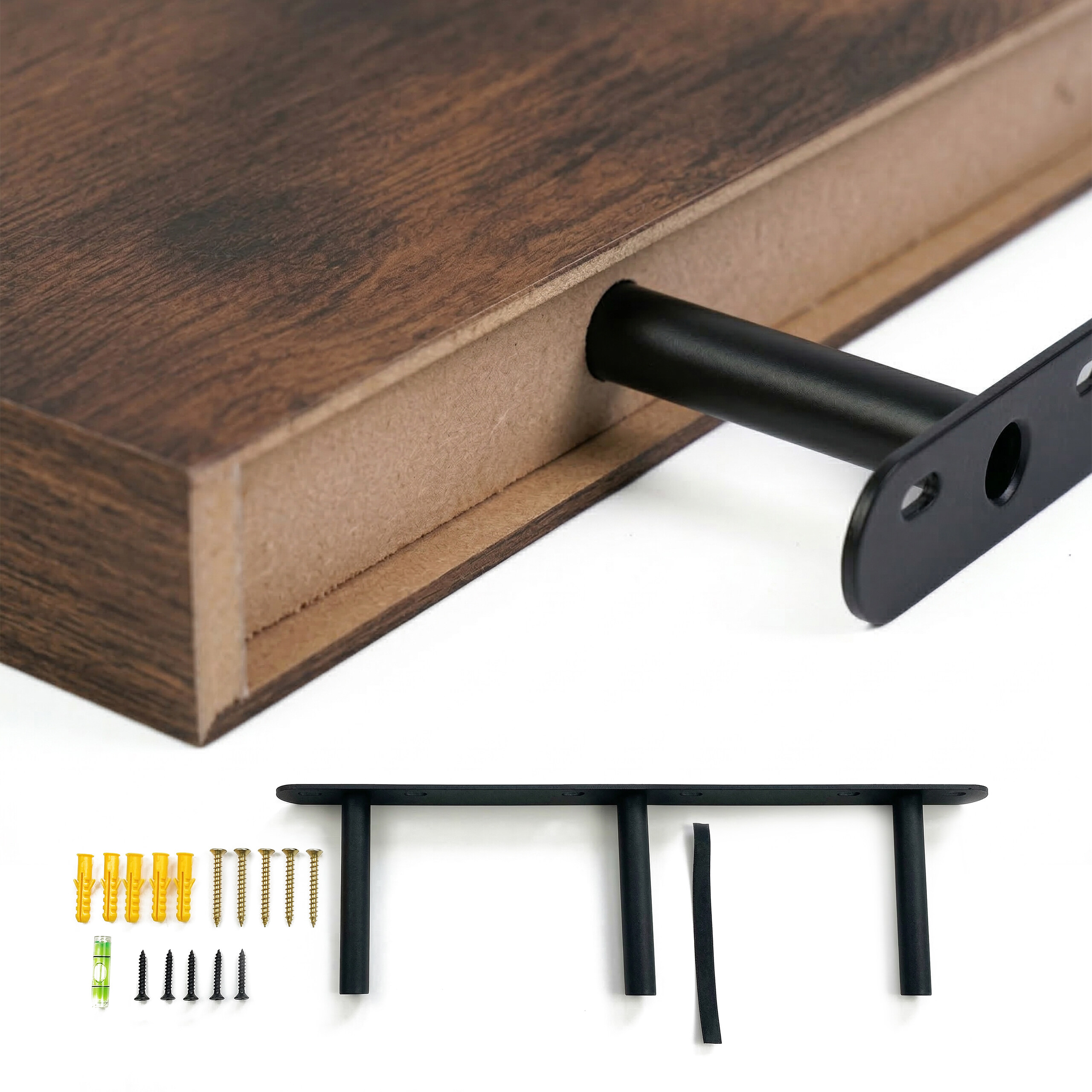 Holzregalbrett mit schwarzer Metallhalterung, Schrauben und Dübel.