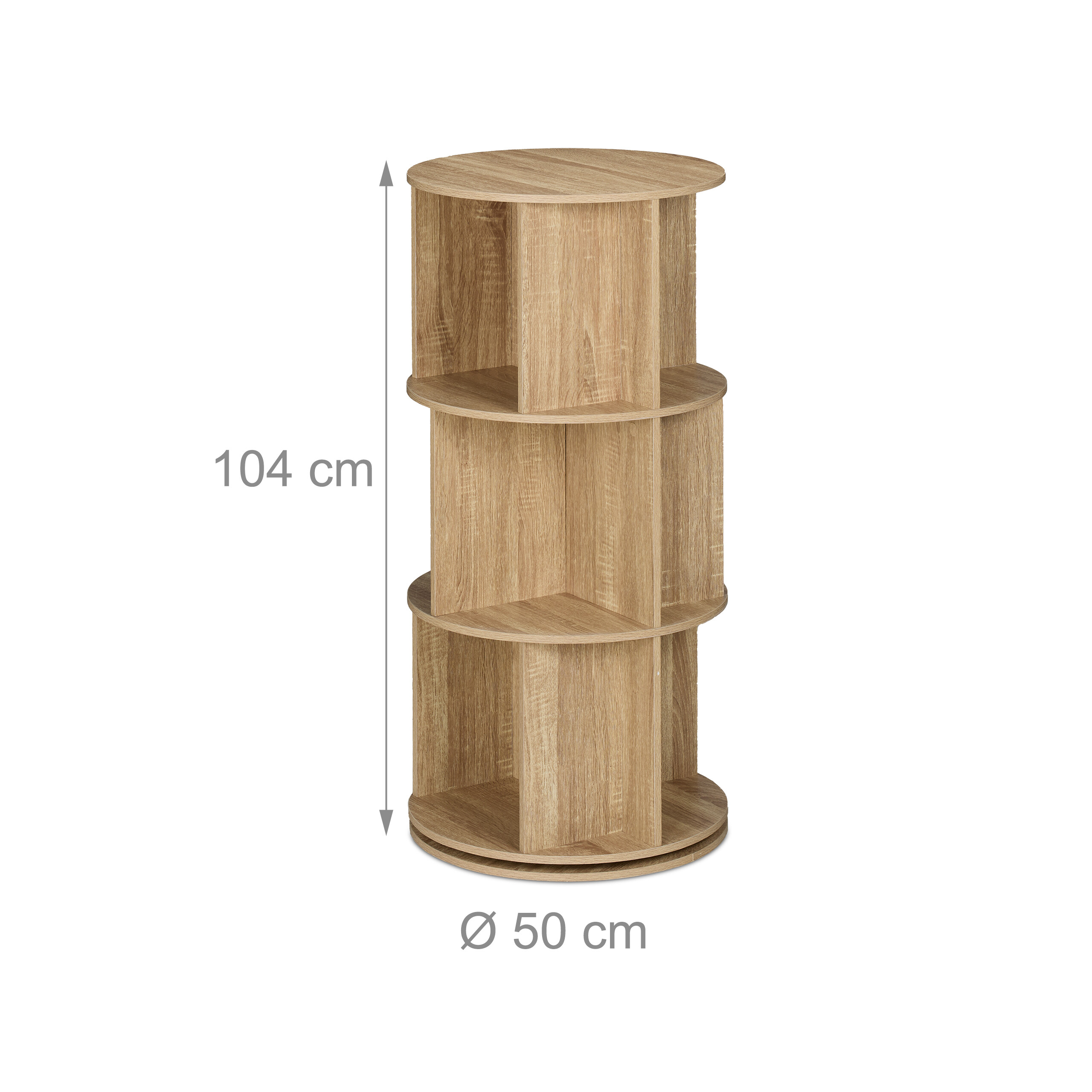 Rundes dreistöckiges Holzbücherregal, 104 cm hoch und 50 cm im Durchmesser.