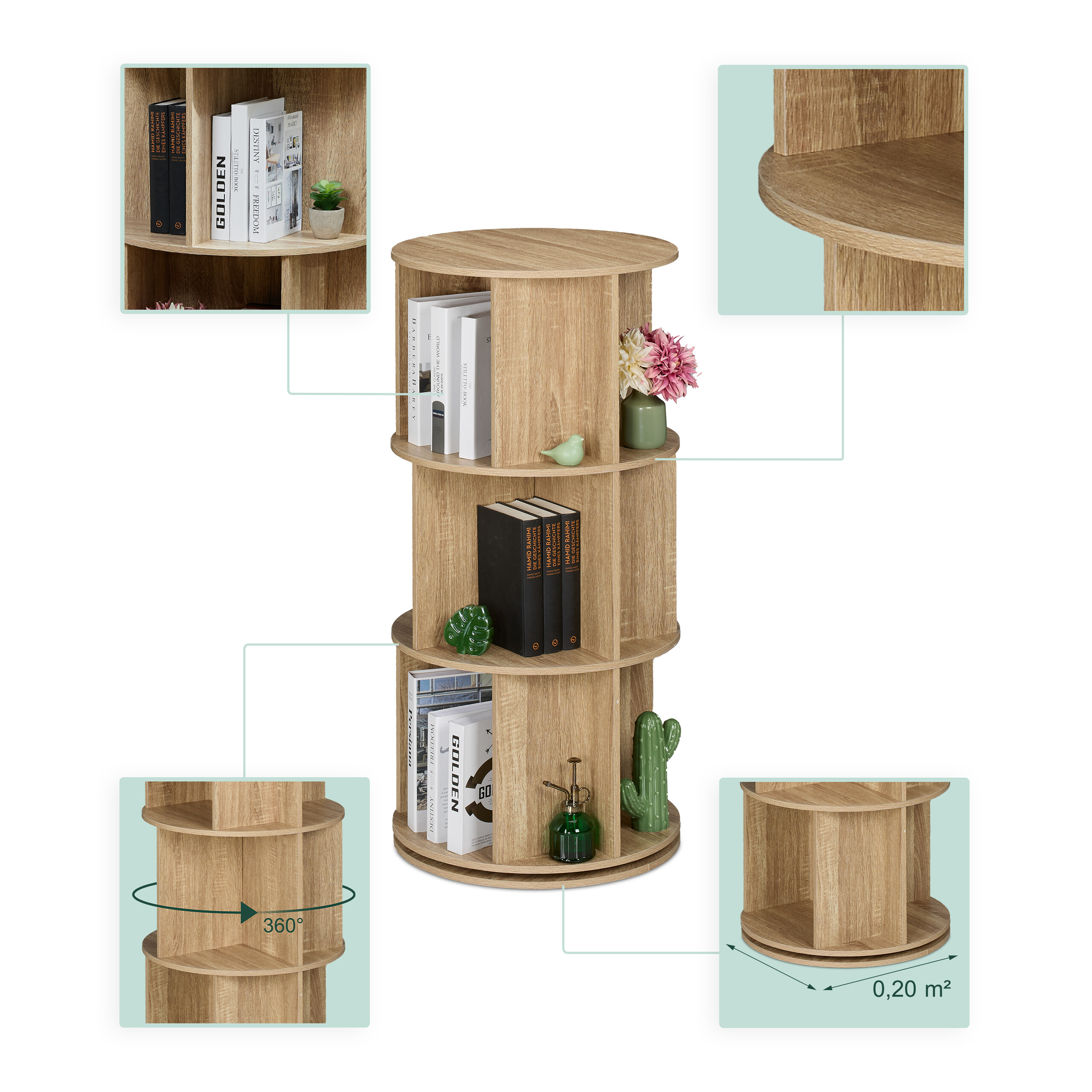 Drehbareres Holzregal mit drei Ebenen, Büchern und Deko, flankiert von vier Detailansichten.