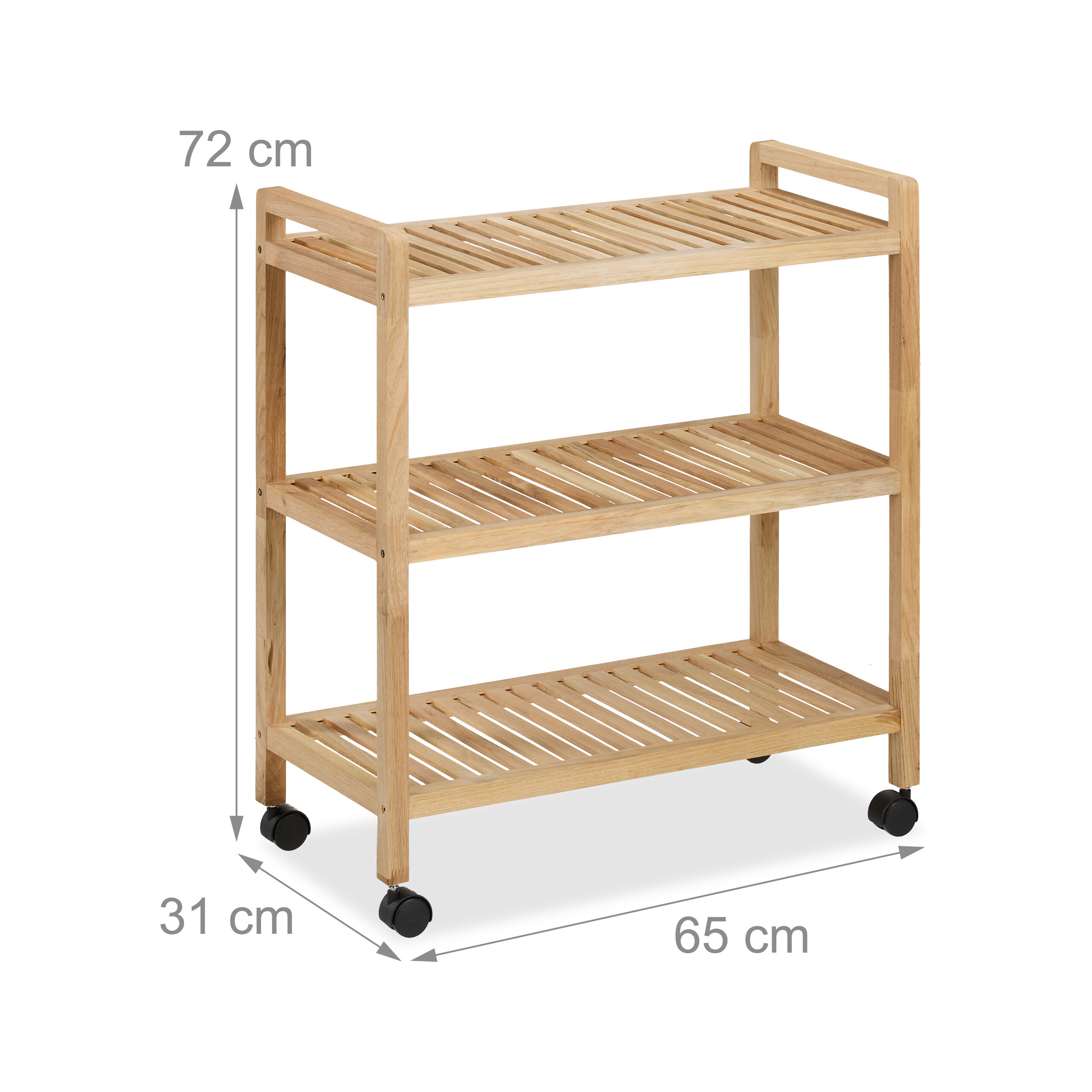 Ein dreistöckiger Holzrollwagen mit Maßen von 72x65x31 cm auf weißem Hintergrund.