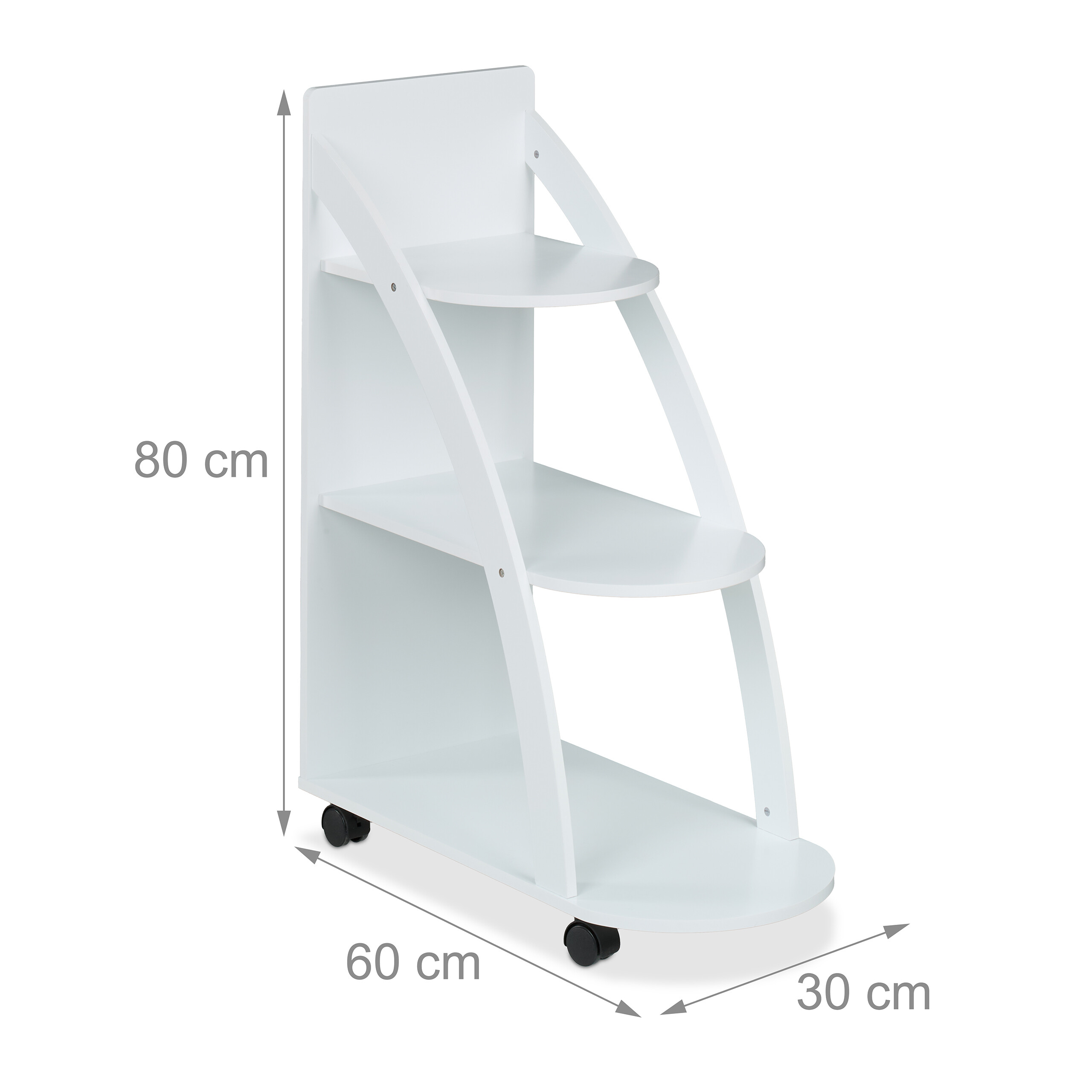 Ein weißes Rollregal mit drei Ebenen und Maßen von 80 cm Höhe, 60 cm Breite und 30 cm Tiefe.