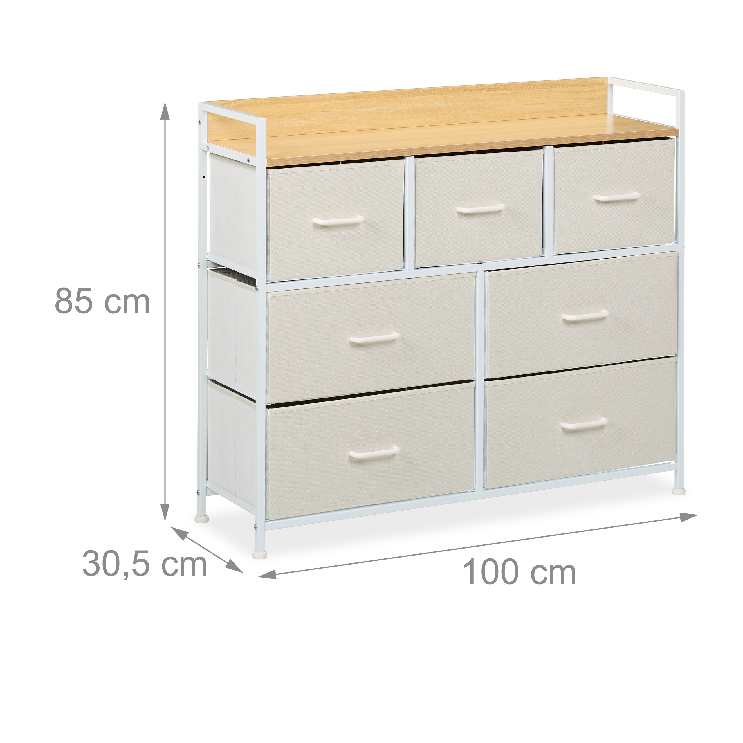 Weißer Metall-Aufbewahrungsschrank mit holzfarbener Platte und sechs beige Stoffschubladen, Maße 100x30,5x85 cm.