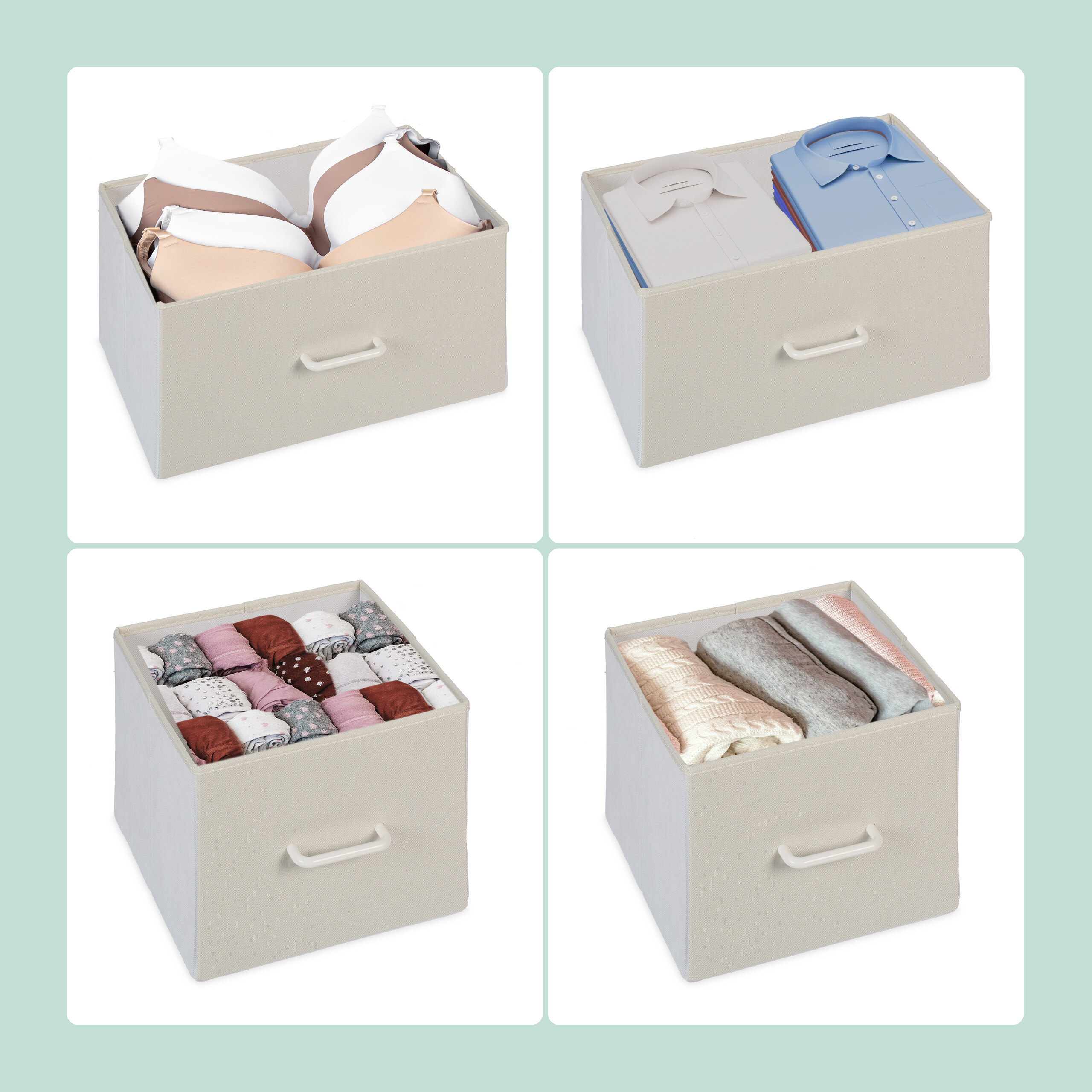 Vier beige Aufbewahrungsboxen mit Griffen zeigen verschiedene organisierte Kleidungsstücke.