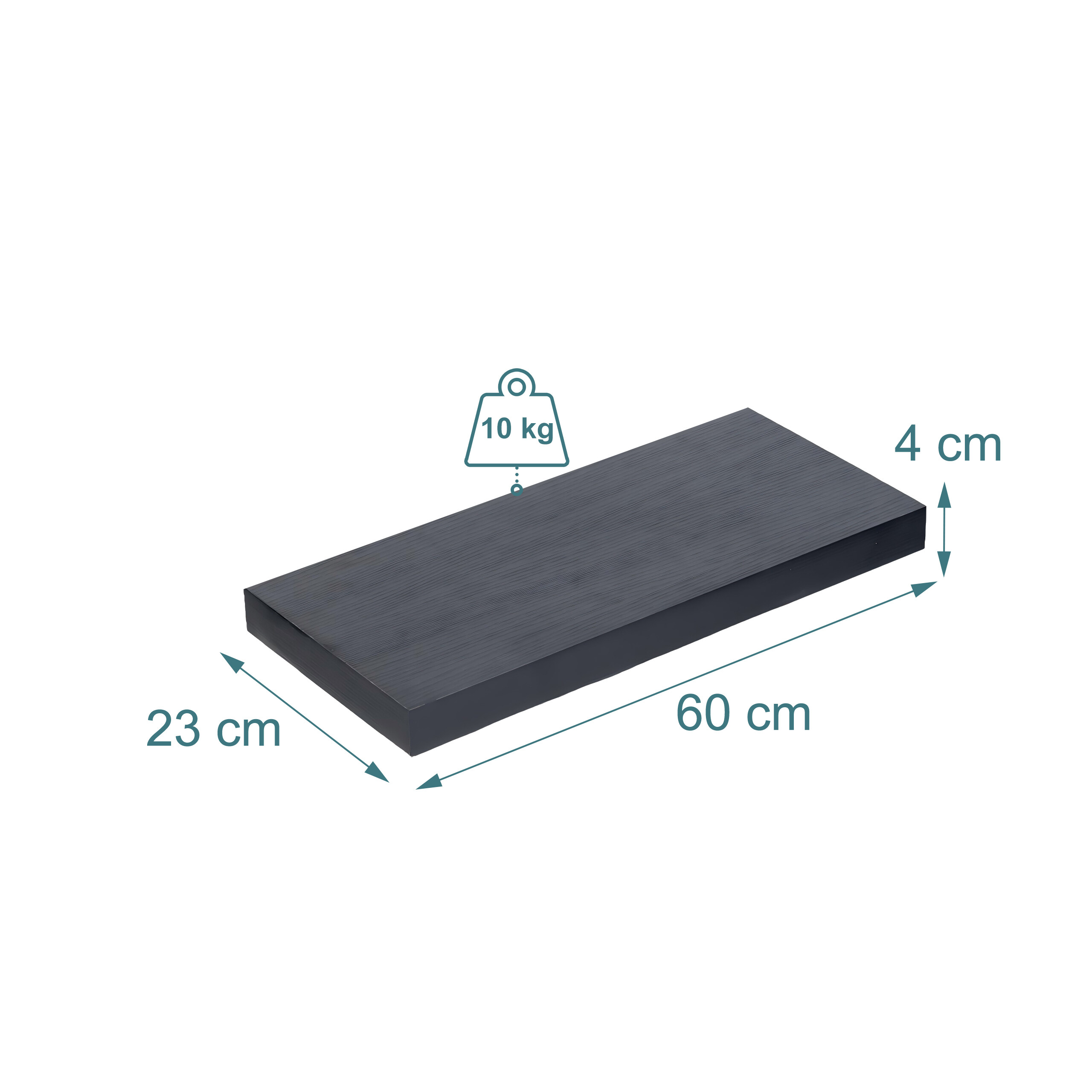 Schwarzes Wandregal, 60x23x4 cm, mit 10 kg Belastbarkeit.