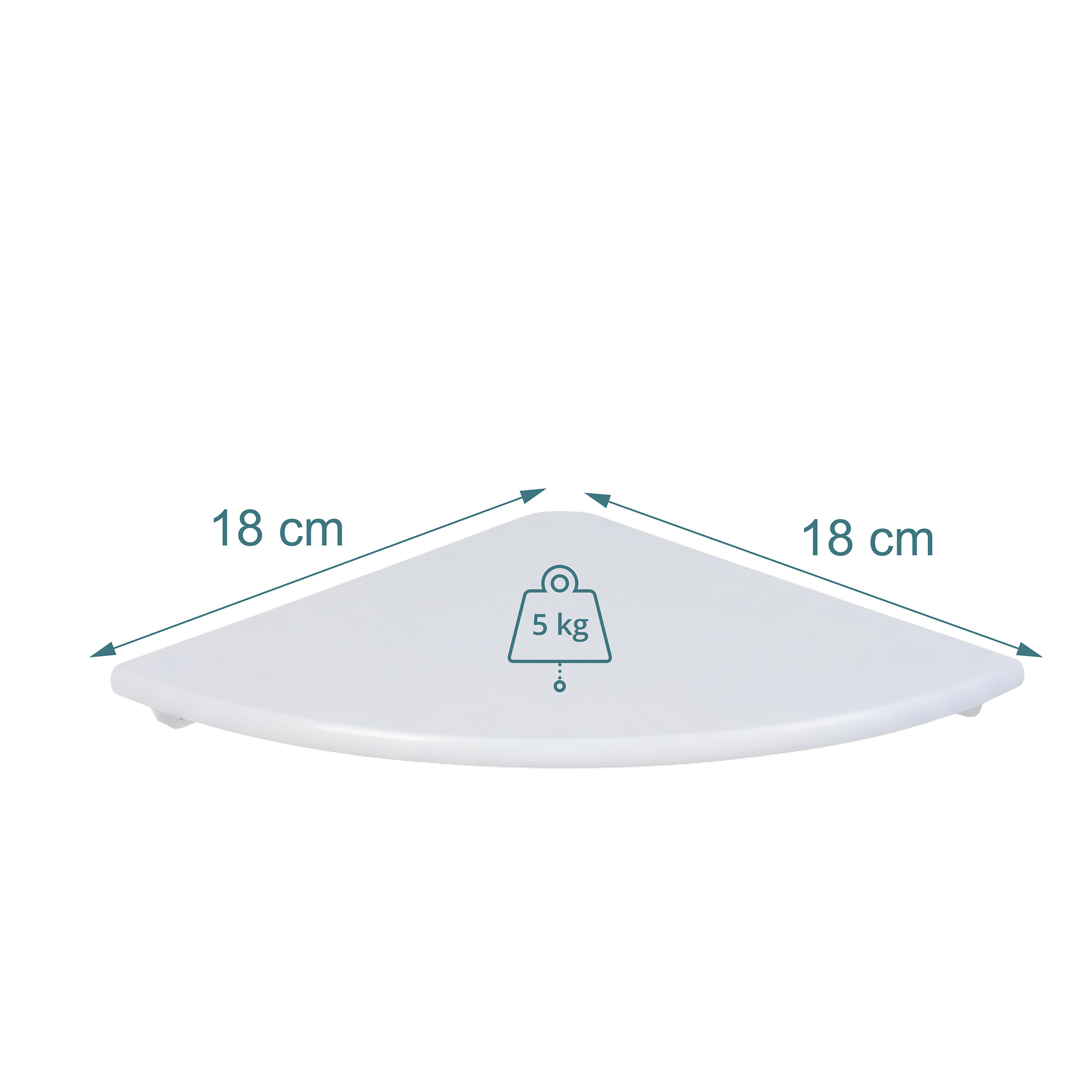 Weißes, abgerundetes Eckregal mit 18 cm Seitenlänge und 5 kg Tragkraft auf weißem Hintergrund.