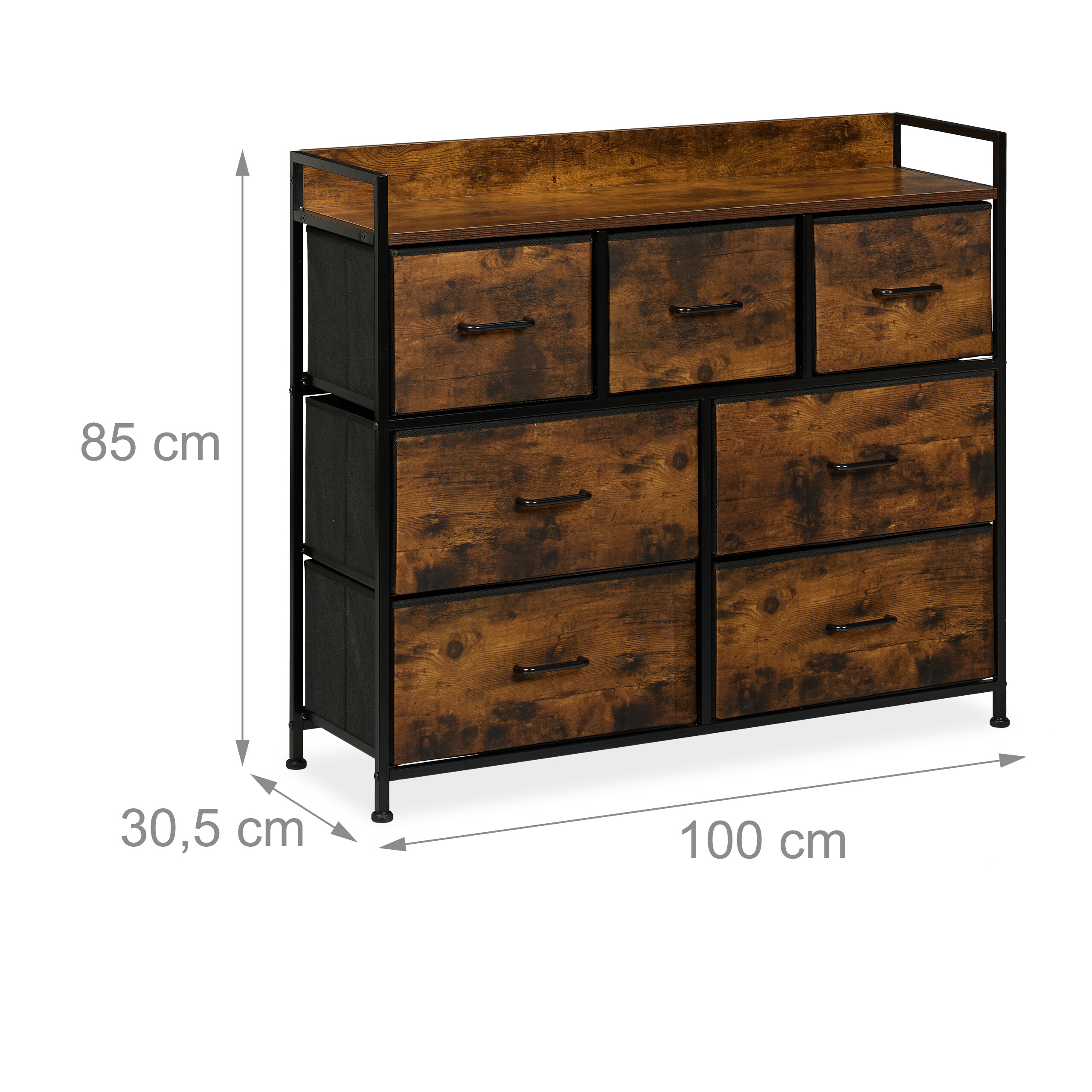 Eine rustikale braun-schwarze Kommode mit sechs Schubladen und Maßen: 85 cm hoch, 100 cm breit, 30,5 cm tief.