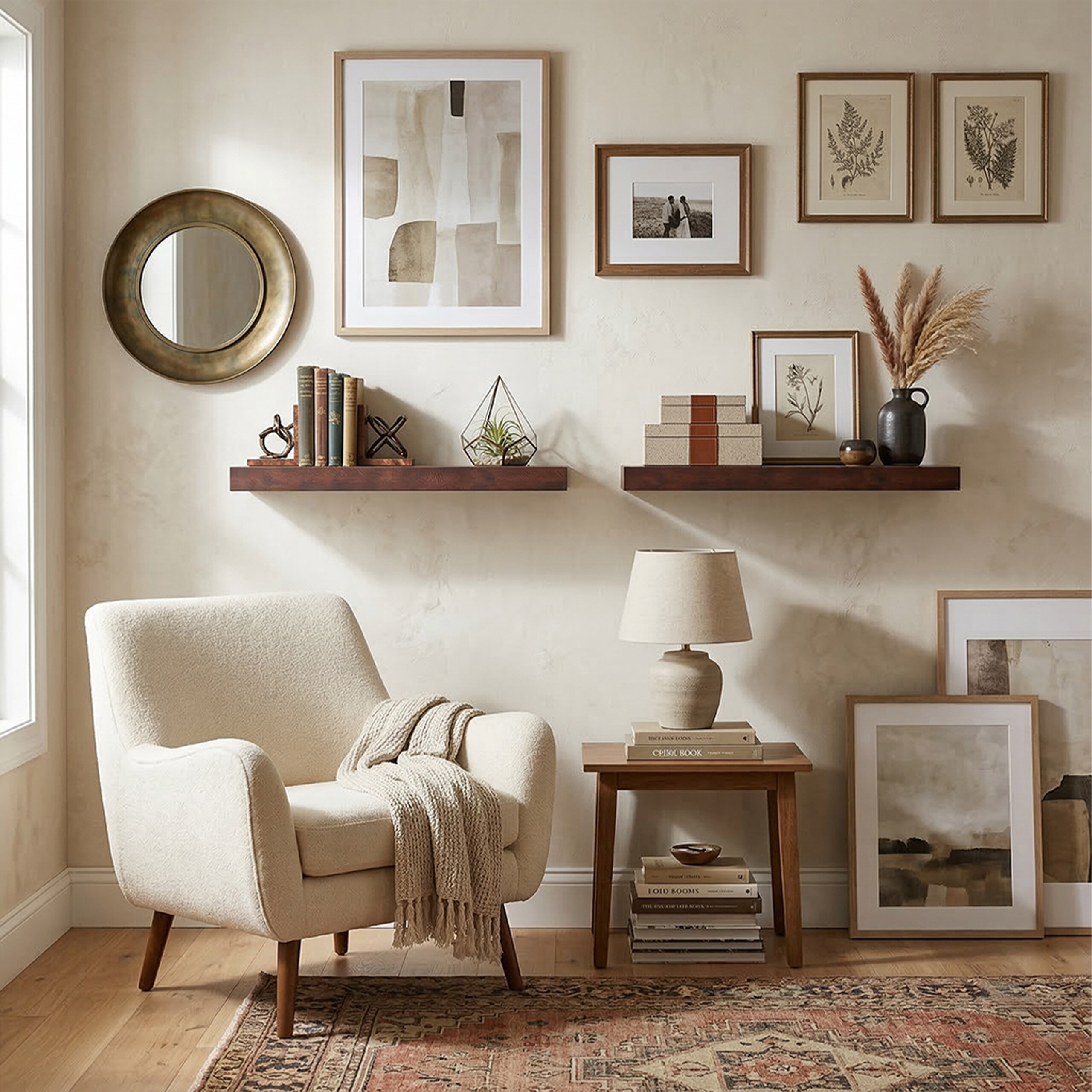 Gemütliches Wohnzimmer mit Sessel, Holzböden mit Büchern, gerahmter Kunst und einem kleinen Beistelltisch.