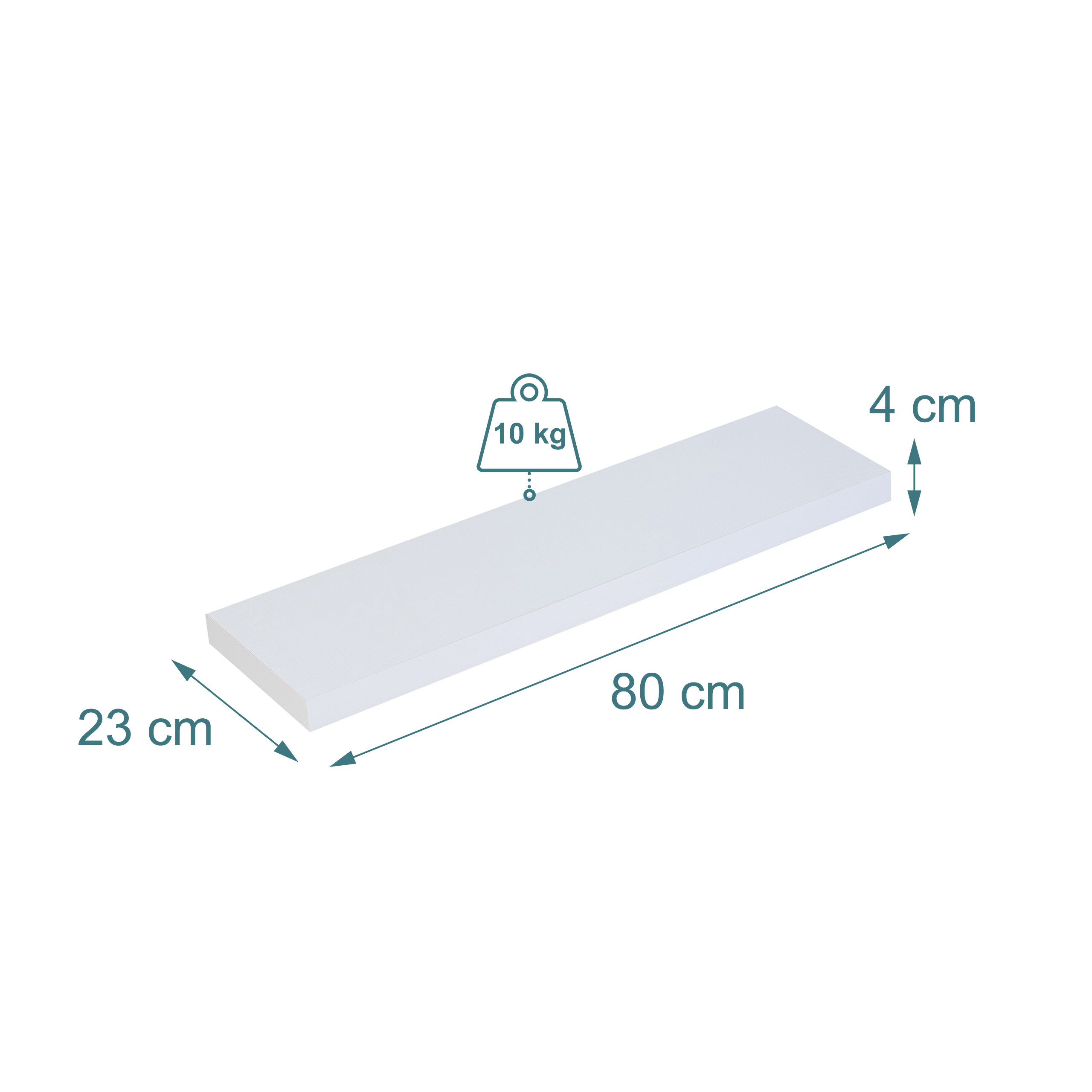 Weißes Regal mit den Maßen 80x23x4 cm und 10 kg Belastbarkeit.