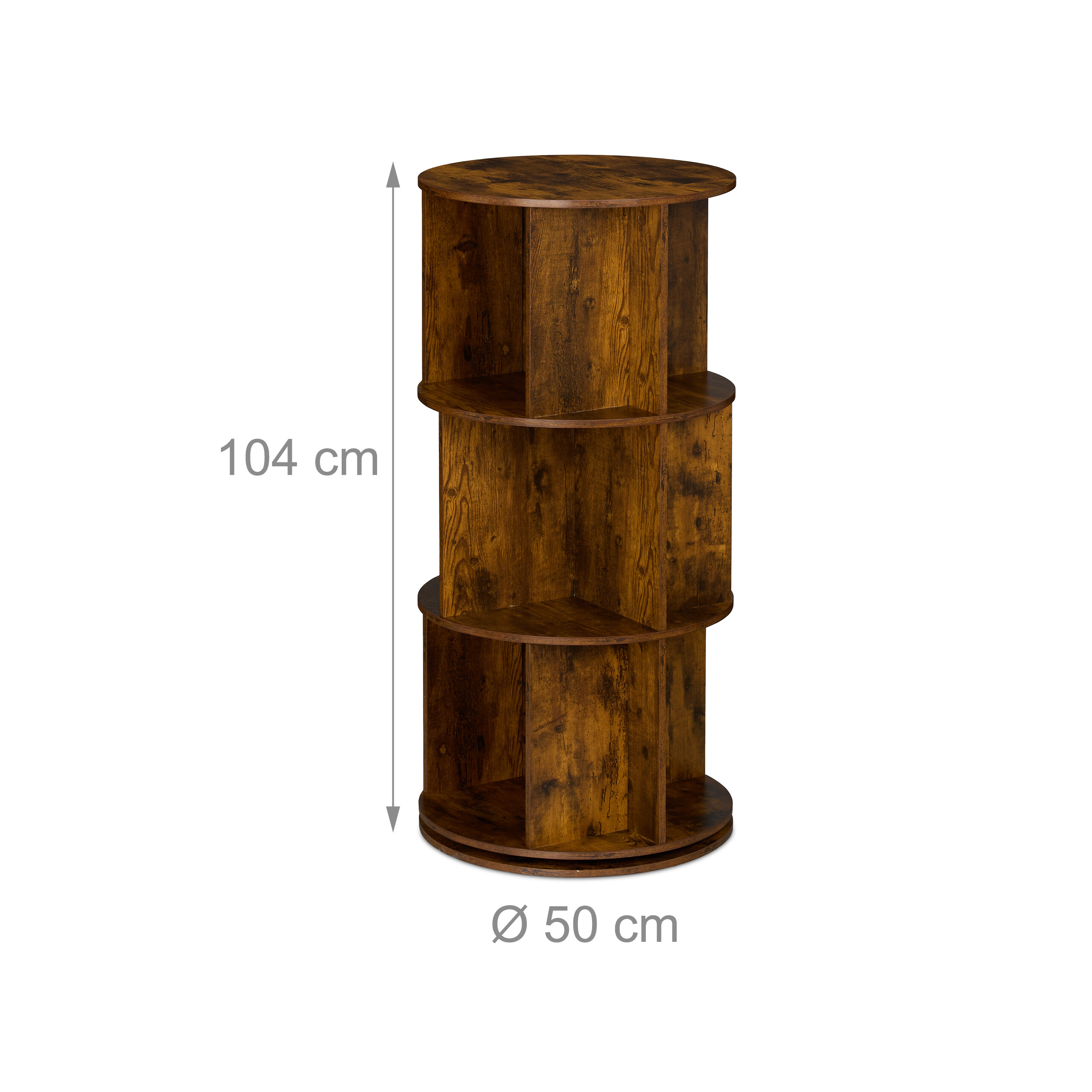 Ein dreistöckiges, rundes Bücherregal aus braunem Holz mit Maßen von 104 cm Höhe und 50 cm Durchmesser.