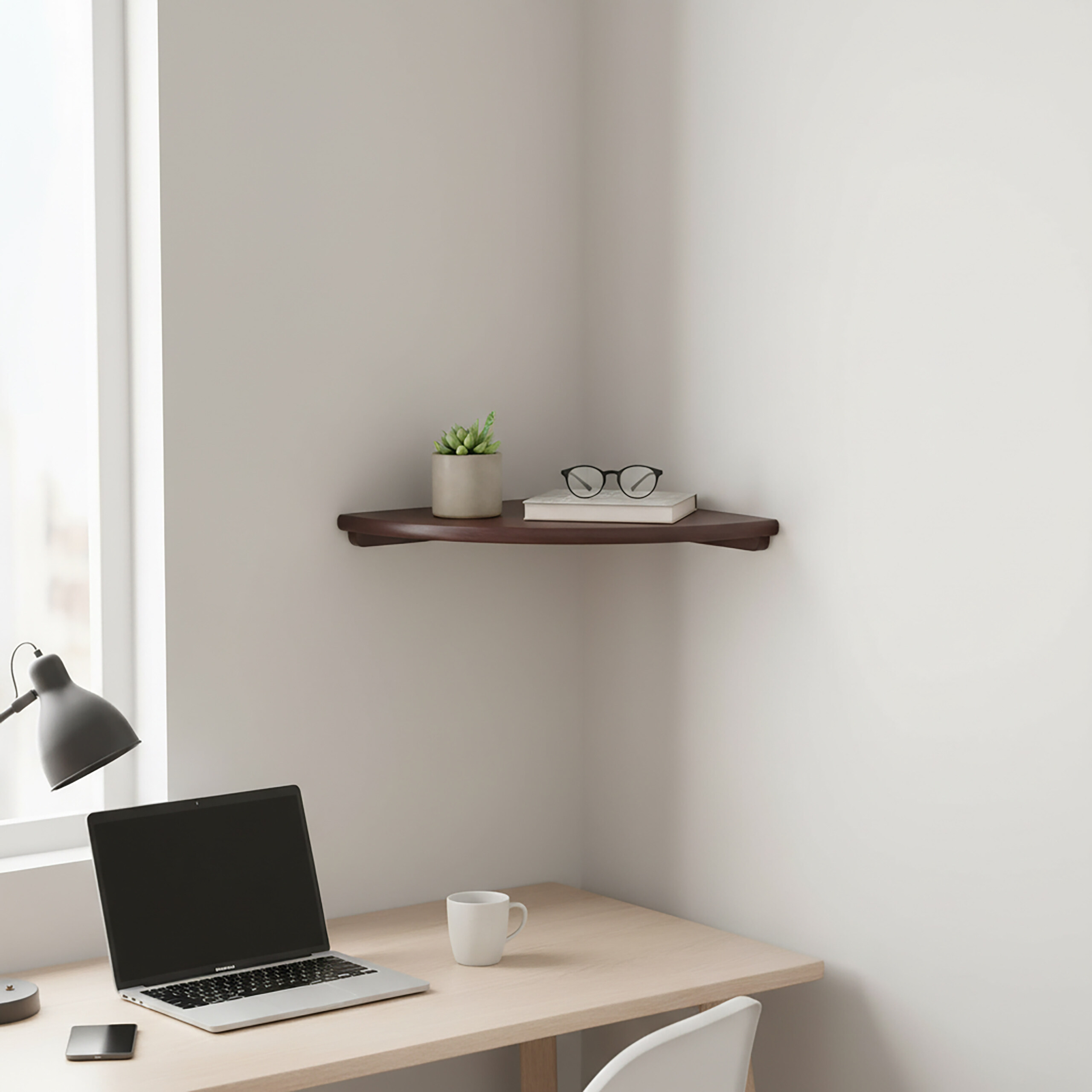 Eine Schreibtischecke mit Laptop, Lampe und Becher, darüber ein Wandregal mit Buch, Brille und Pflanze.
