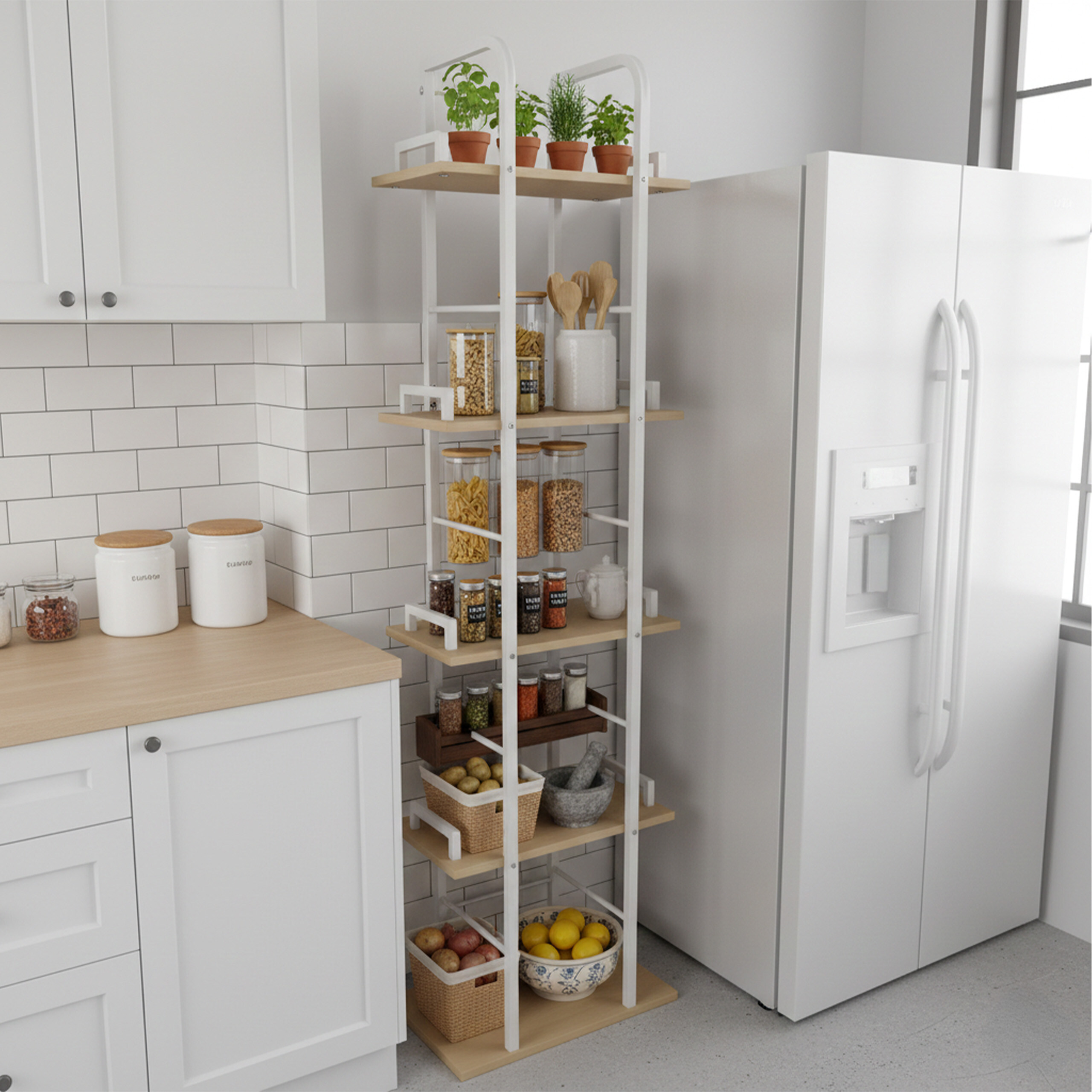 Ein weißes Holzregal mit Vorratsgläsern und Pflanzen in einer Küche neben dem Kühlschrank.