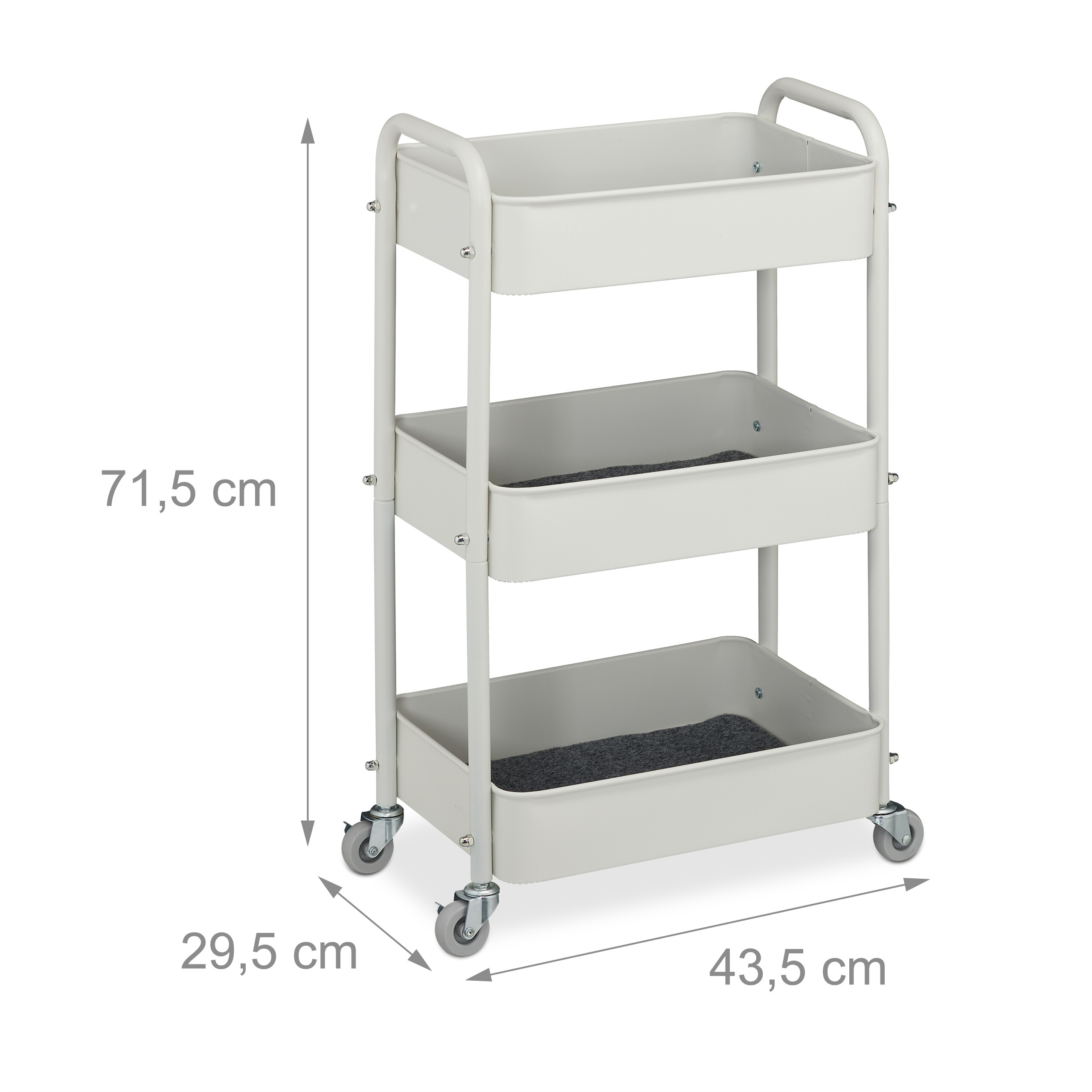 Weißer dreistöckiger Servierwagen mit Rollen und Abmessungen 43,5 x 29,5 x 71,5 cm auf weißem Hintergrund.