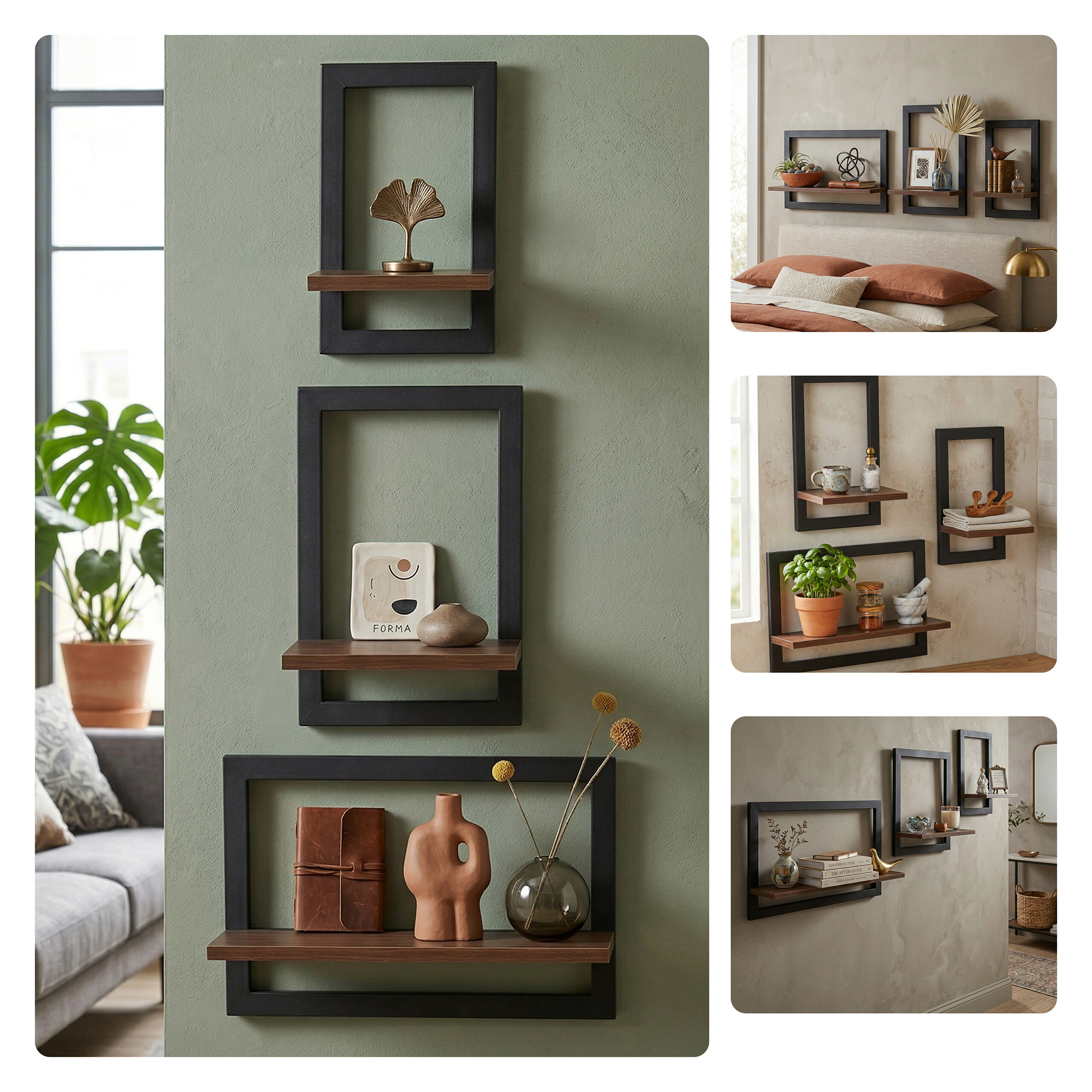 Drei schwarz gerahmte Wandregale mit Holzböden und Dekoartikeln an einer salbeigrünen Wand.