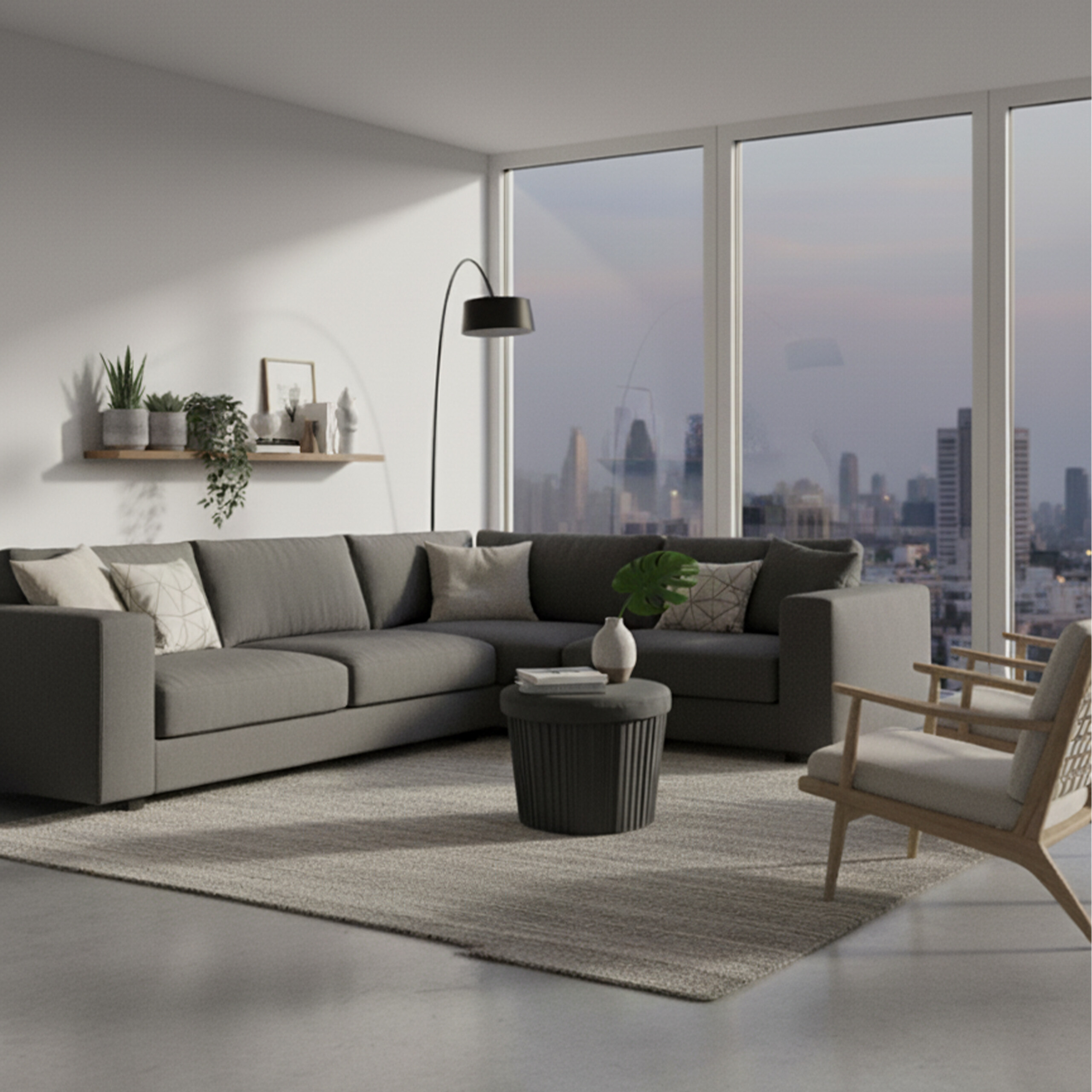 Moderne graue Couch in hellem Wohnzimmer mit grossen Fenstern und Blick auf die Stadt.