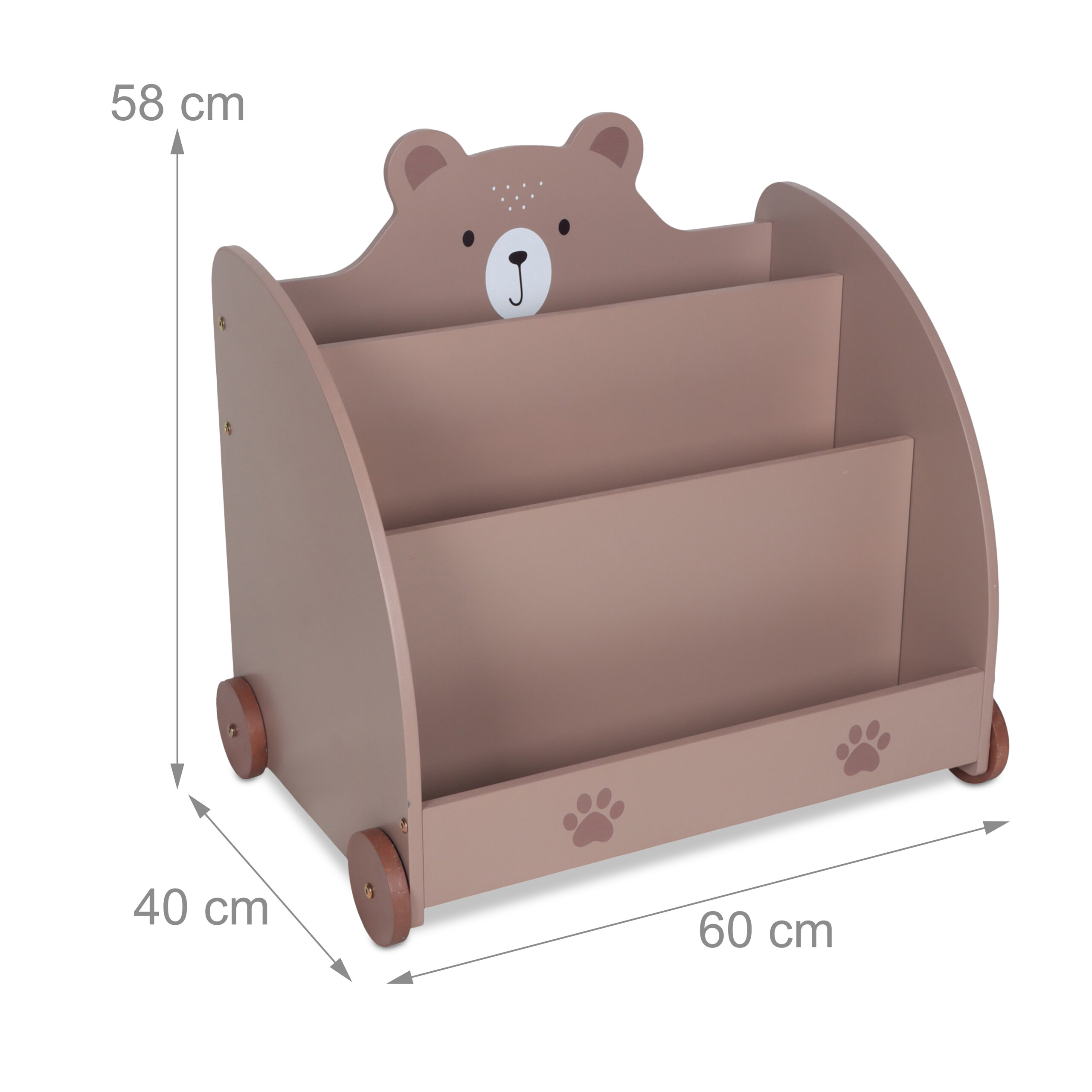 Kinder-Bücherregal in Braun mit Bärenmotiv und Maßen: 60 cm Breite, 40 cm Tiefe, 58 cm Höhe.