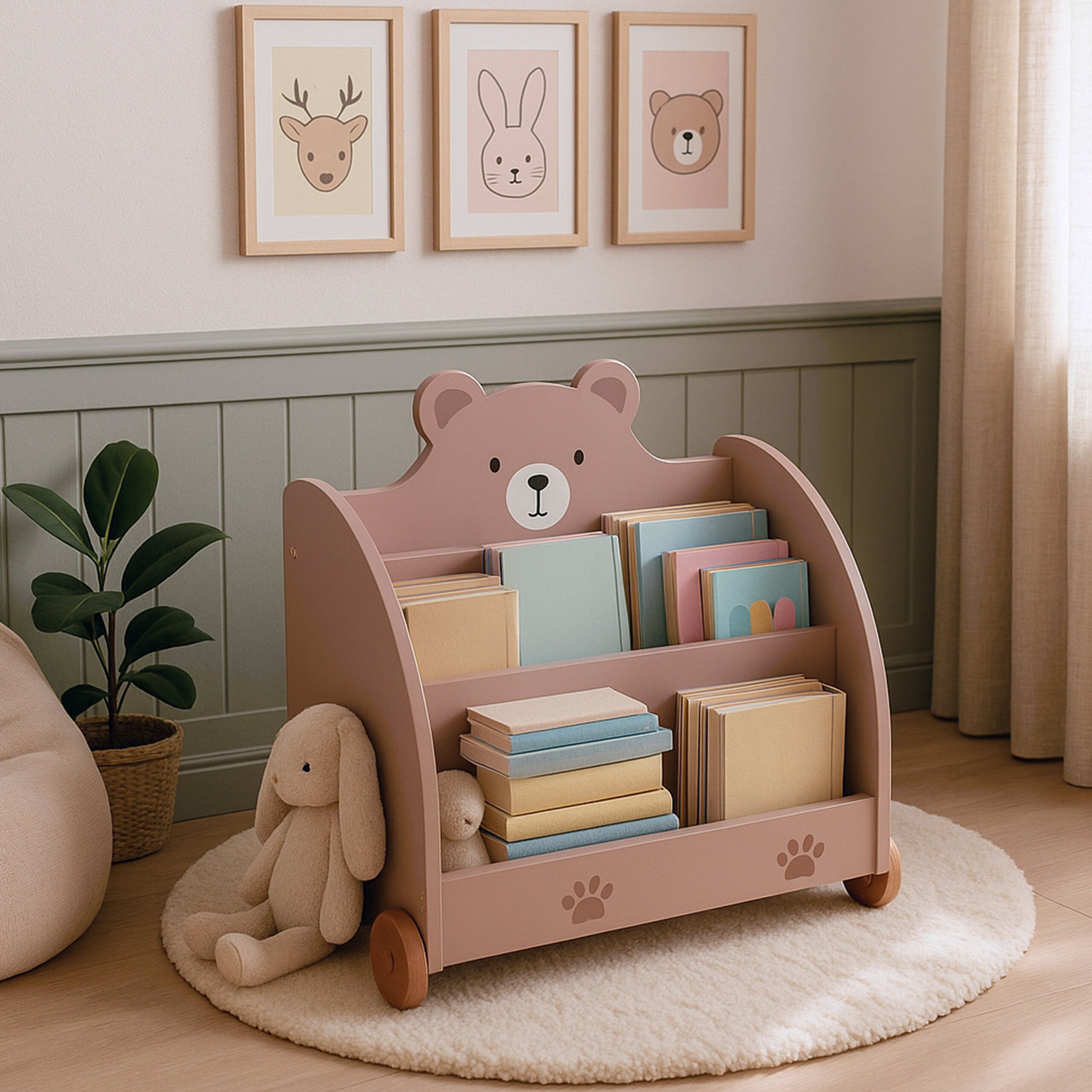 Rosa Bären-Bücherregal auf weißem Teppich mit Kuscheltieren, Pflanze und gerahmten Tierbildern an der Wand.