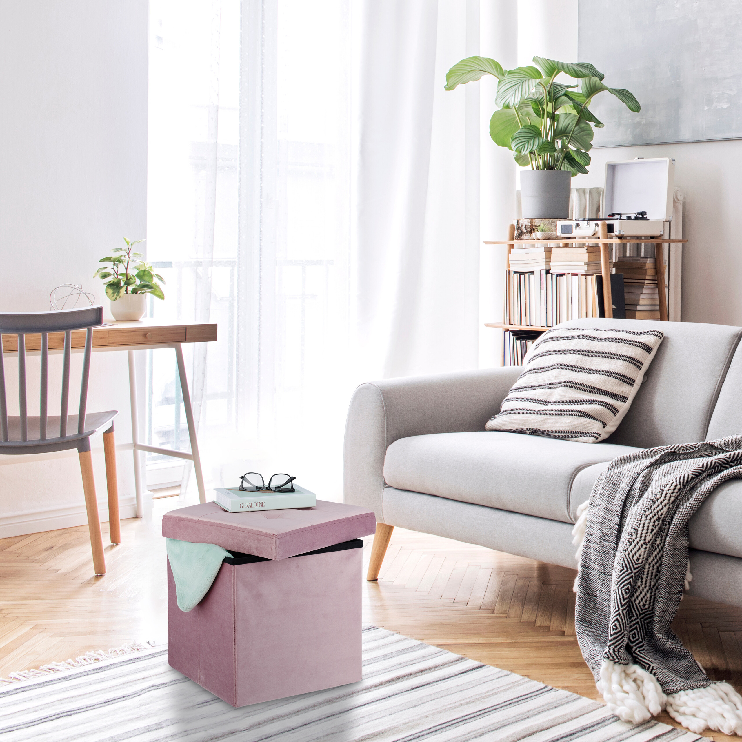 Ein helles Wohnzimmer mit einem grauen Sofa, einem pinken Hocker, einem Regal voller Bücher und einer Pflanze am Fenster.
