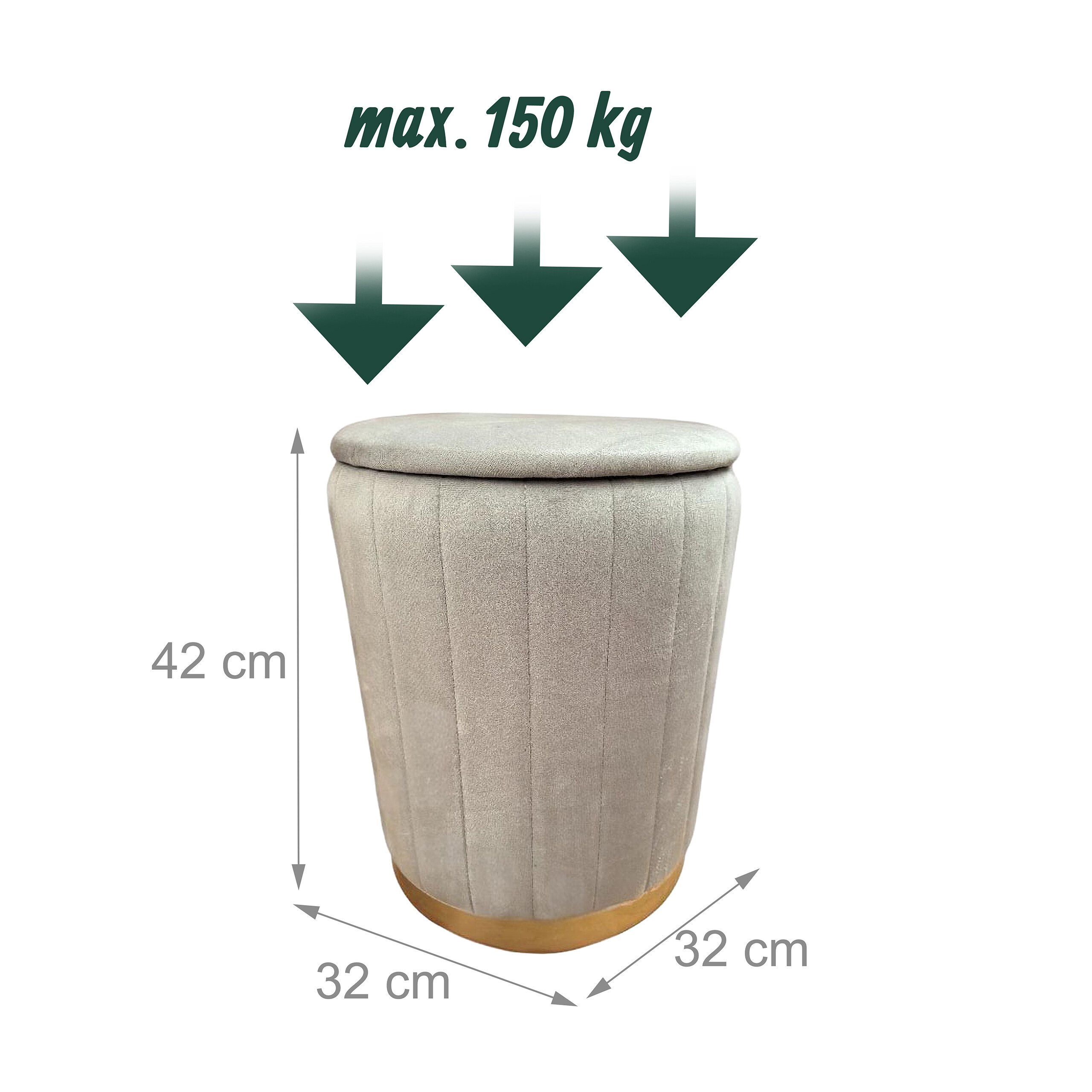 Grauer Samt-Hocker, 42x32x32 cm, max. Belastung 150 kg, goldener Boden.