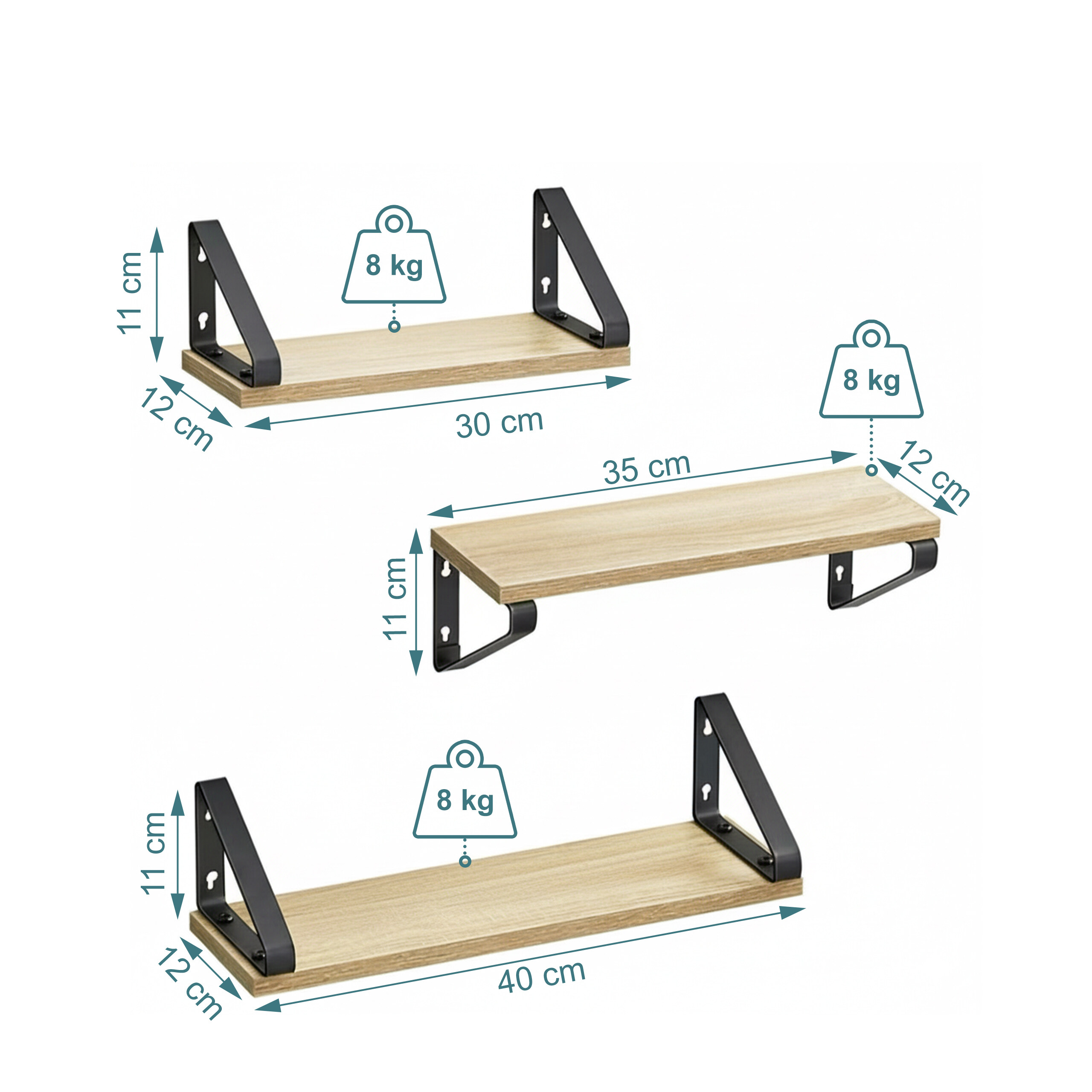 Drei Holzwandregale mit schwarzen Halterungen, Maßen (30cm, 35cm, 40cm) und 8kg Tragkraft.