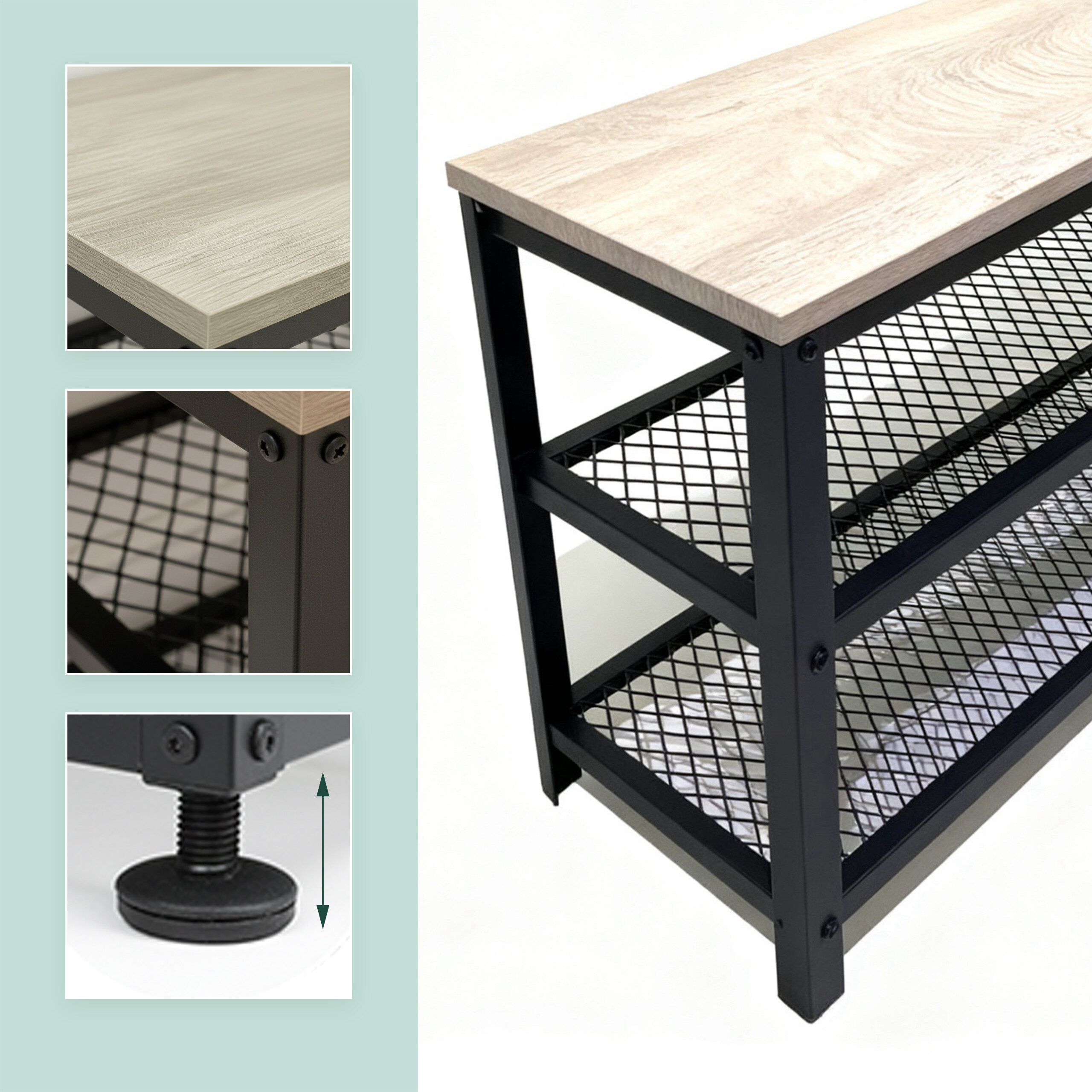 Holzregal mit schwarzem Metallrahmen und drei Gitterböden, Details zeigen Oberfläche, Verbindung und verstellbare Füße.