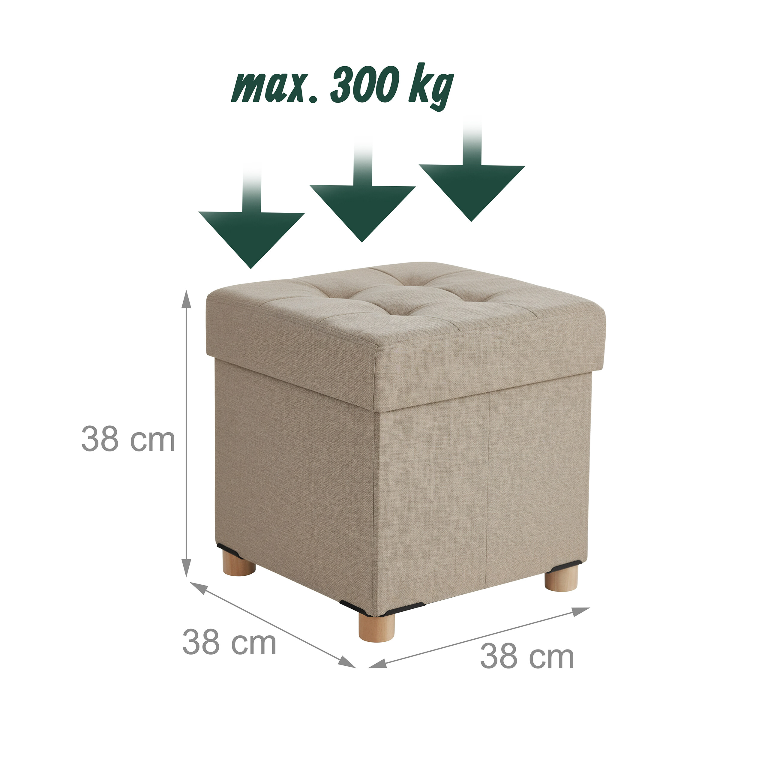 Beige quadratische Ottomane, 38x38x38 cm, mit Holbeinen und max. 300 kg Tragkraft.