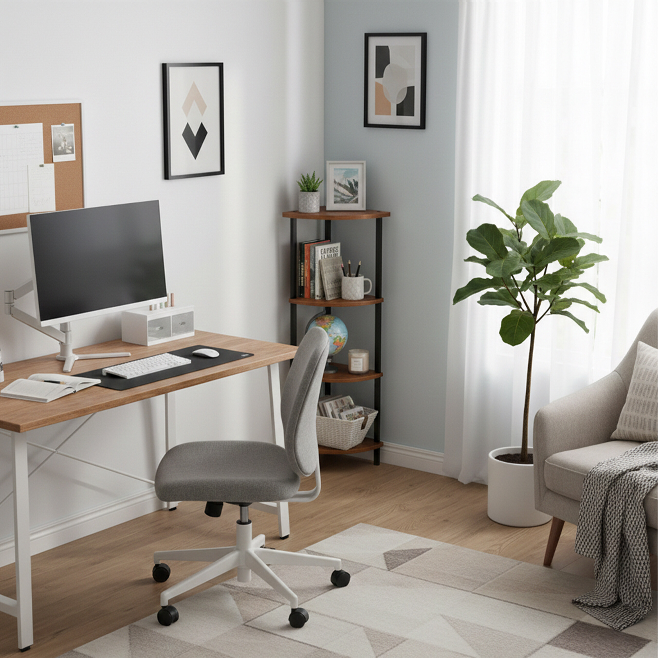 Ein modernes Homeoffice mit Holztisch, grauem Stuhl, Computer, Regal, Zimmerpflanze und Sesseln.