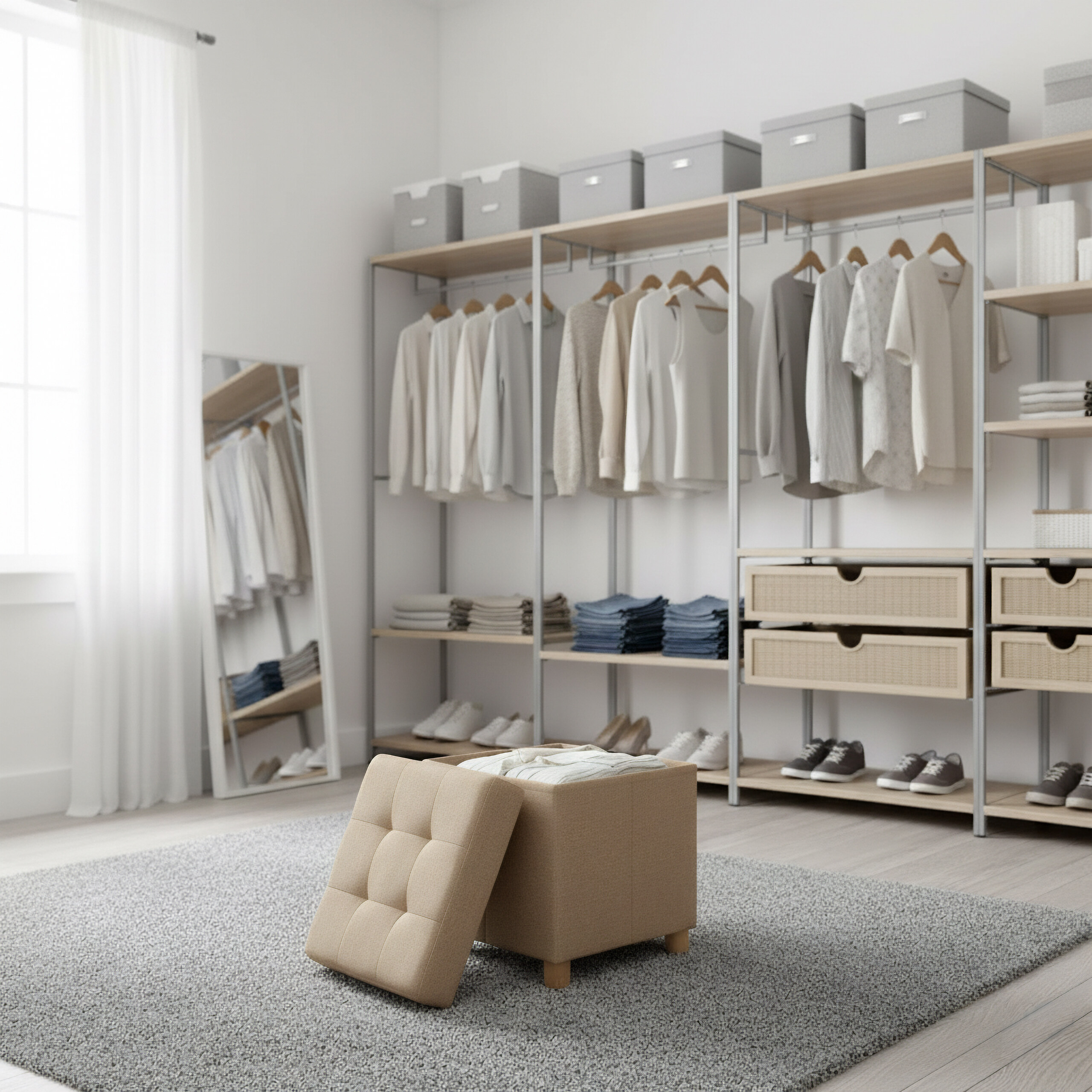 Ein heller begehbarer Kleiderschrank mit geordneten Kleidern, Regalen und einem beigen Hocker im Vordergrund.