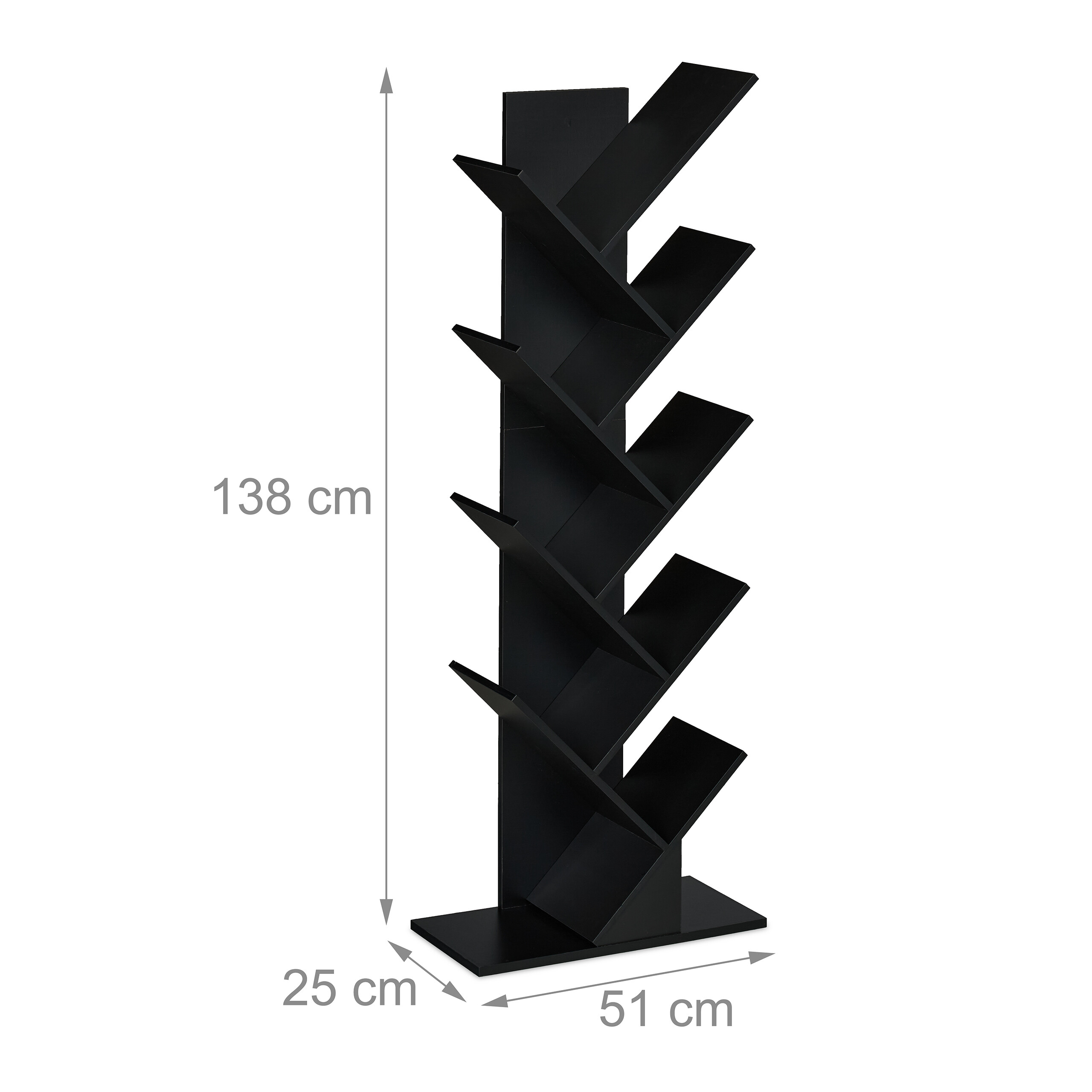 Schwarzes Bücherregal mit diagonale Fächer, 138x51x25 cm.