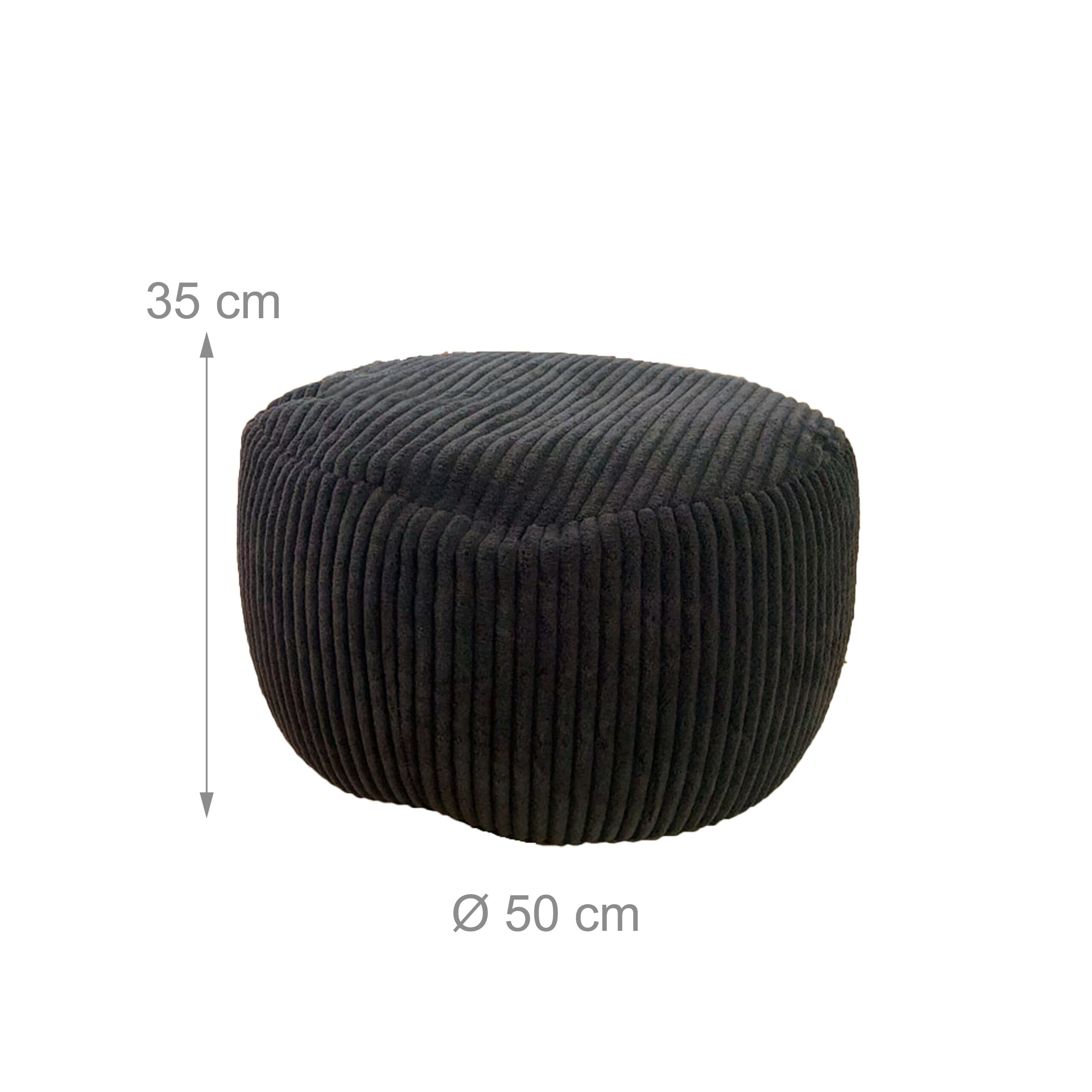 Ein runder, schwarzer Kord-Puff mit Maßen: 35 cm Höhe und 50 cm Durchmesser auf weißem Hintergrund.