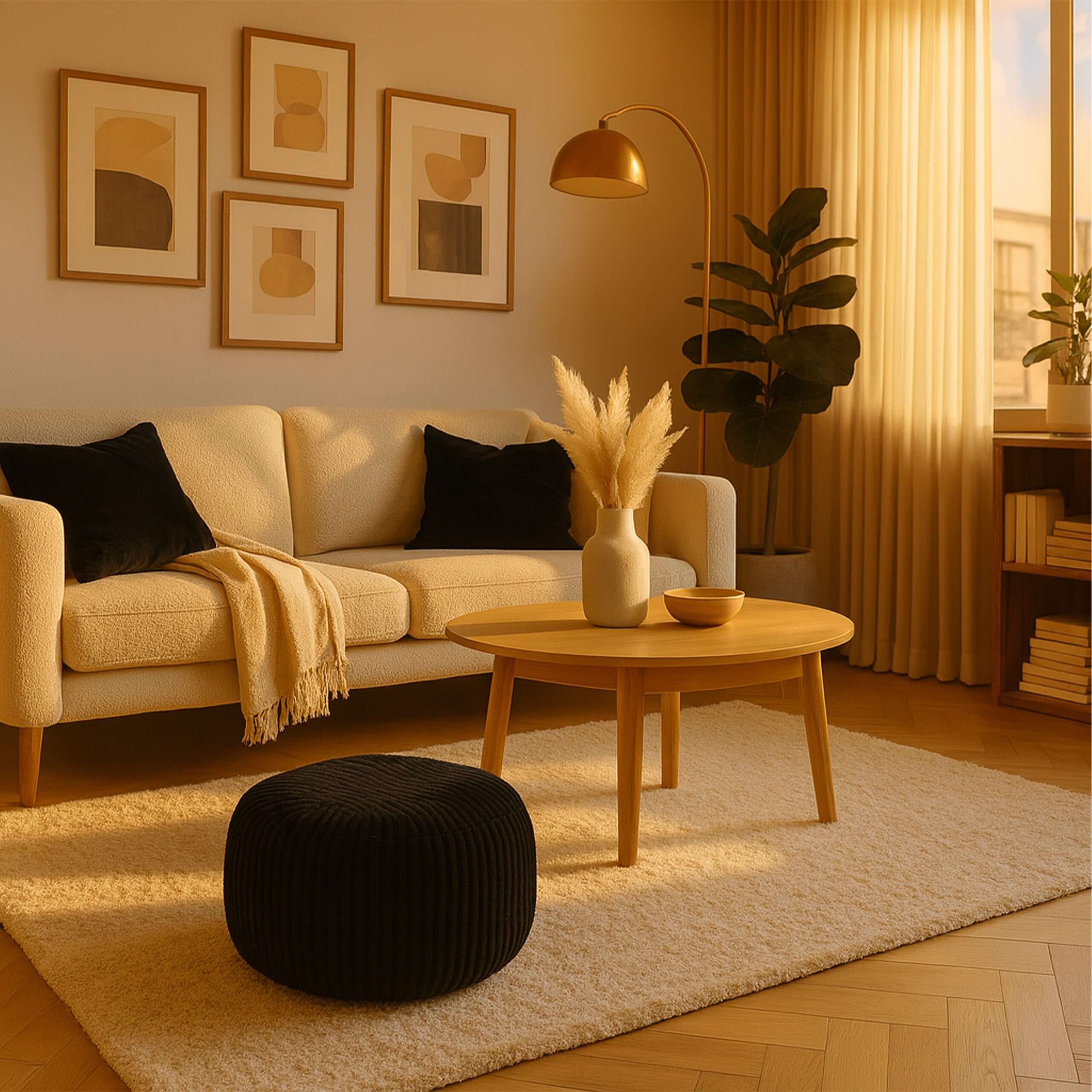 Warmes, sonniges Wohnzimmer mit cremigem Sofa, schwarzen Kissen, Holztisch und abstrakter Kunst.