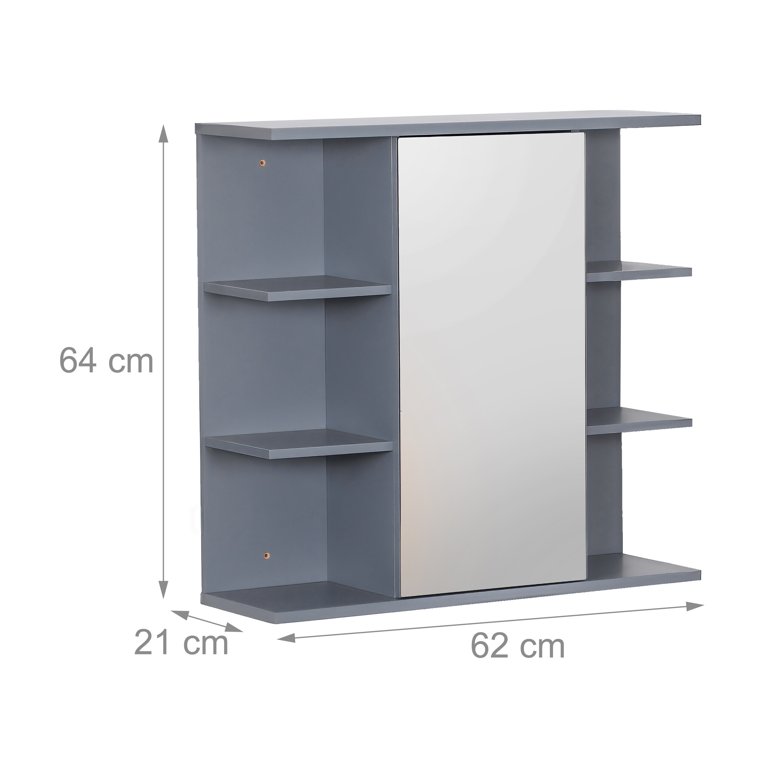 Grauer Hängeschrank mit Spiegeltür und Regalen, inklusive Maßangaben von 64 cm Höhe, 62 cm Breite und 21 cm Tiefe.