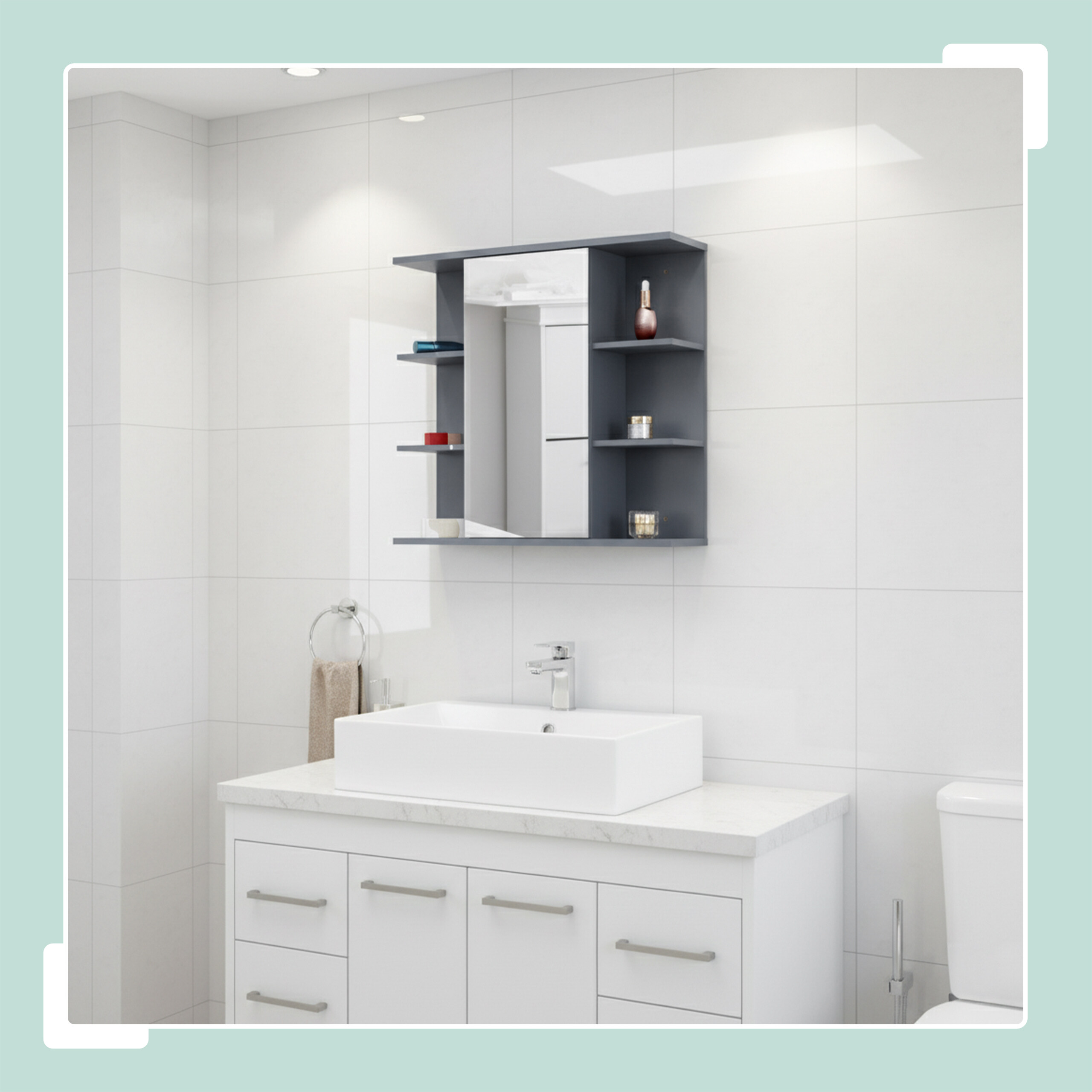 Ein weißer Waschtisch mit Waschbecken, ein grauer Hängeschrank mit Spiegel und Regalen an einer weißen Wand.