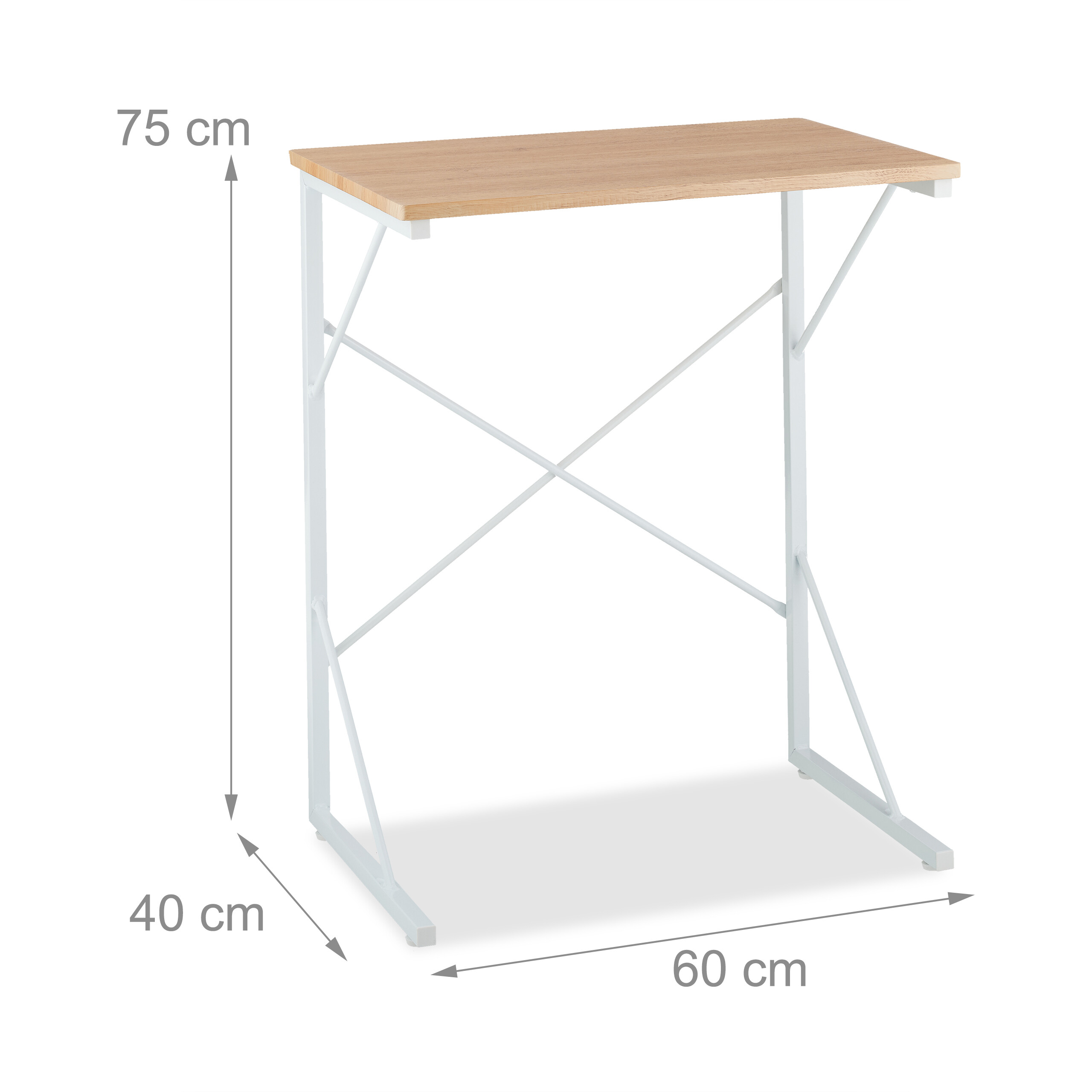 Kleiner Holztisch mit weißem Metallgestell und Abmessungen von 75x60x40 cm.
