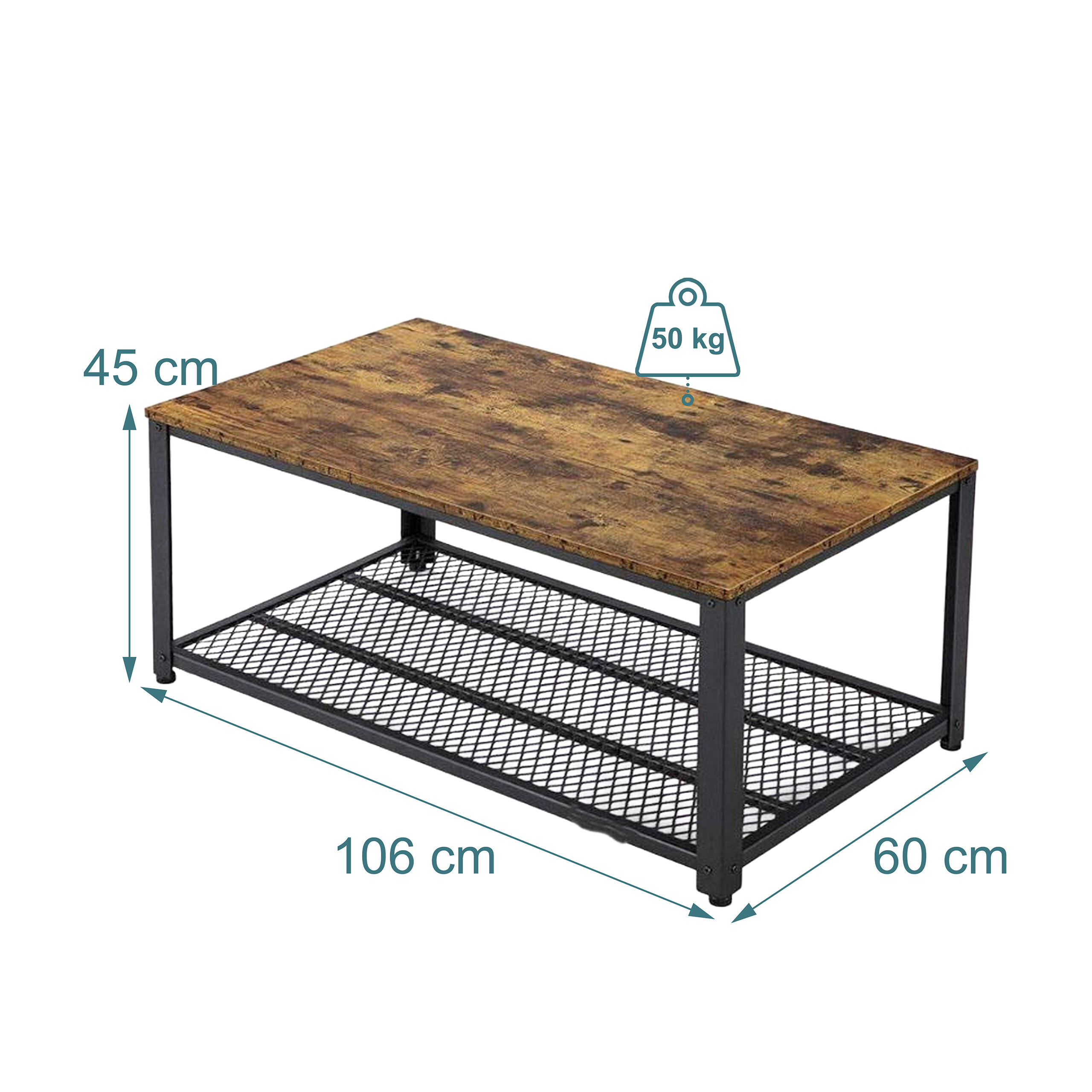 Industrieller Couchtisch mit Holzplatte und schwarzem Metallrahmen, Maße 106x60x45 cm, max. Belastung 50 kg.
