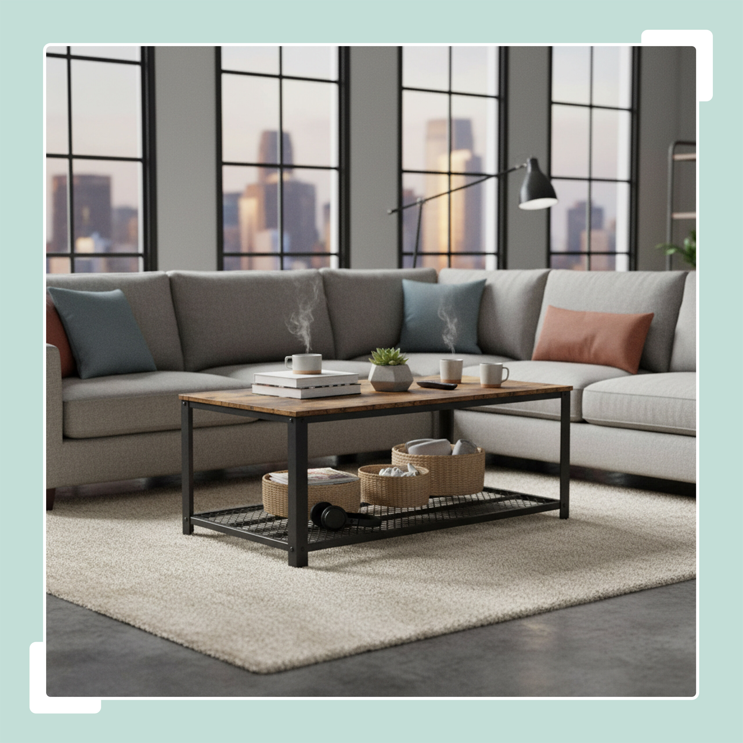 Moderne Wohnzimmereinrichtung mit großem Sofa, Holztisch, Deko und Stadtblick durch Fenster.