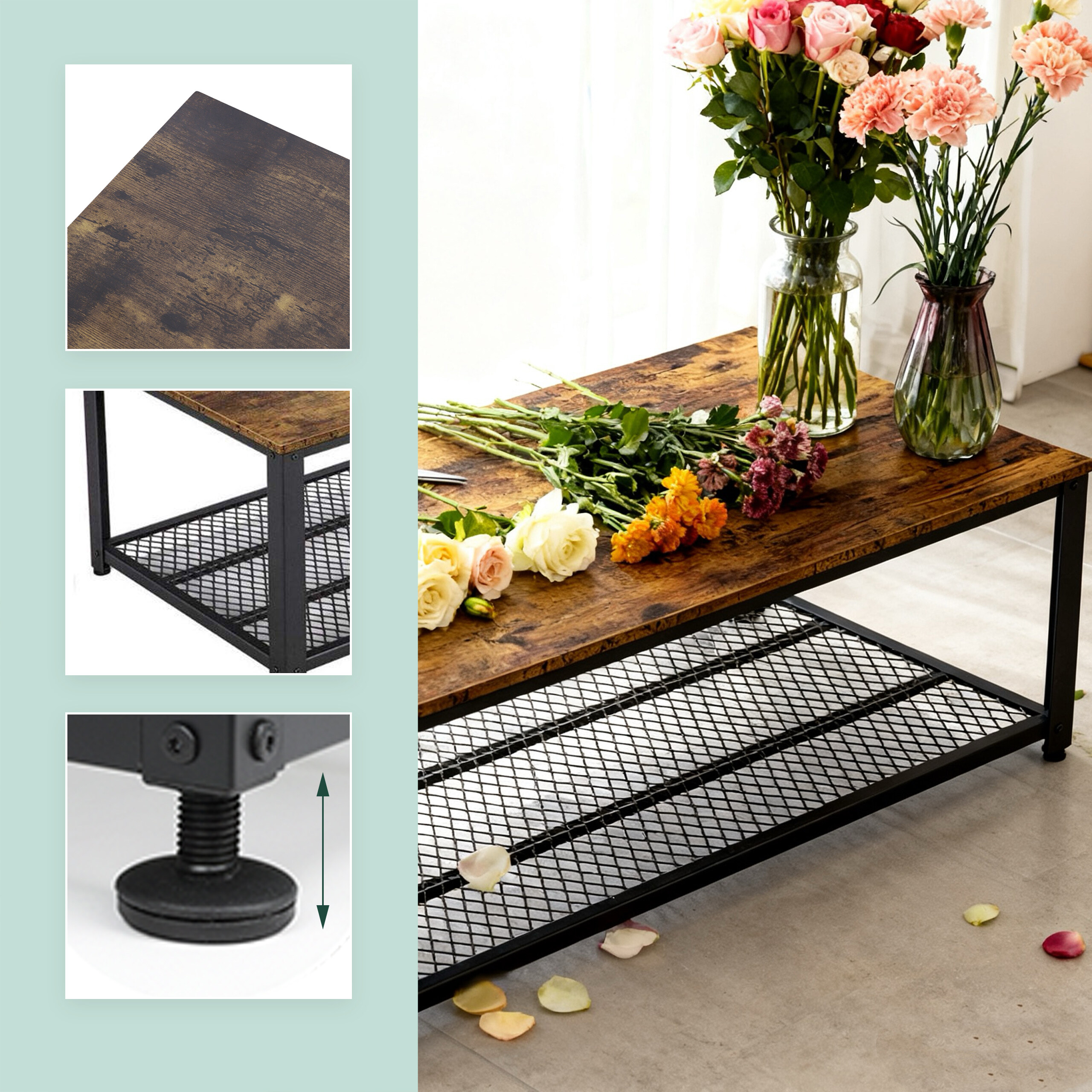 Ein rustikaler Holz-Couchtisch mit Metallgitterablage, Blumenvasen darauf und drei Detailansichten.