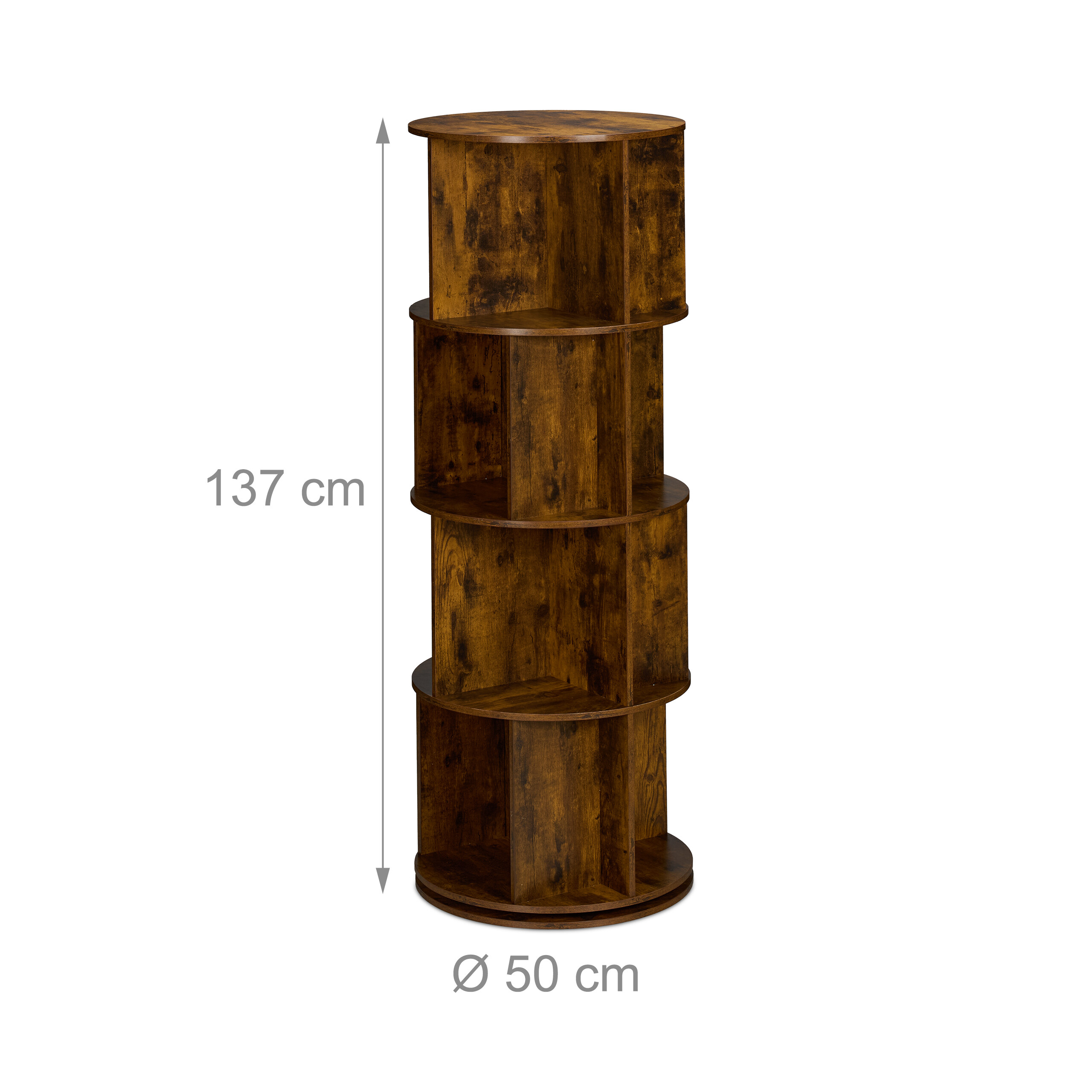 Rundes, vierstöckiges Holzregal mit Maßen von 137 cm Höhe und 50 cm Durchmesser.
